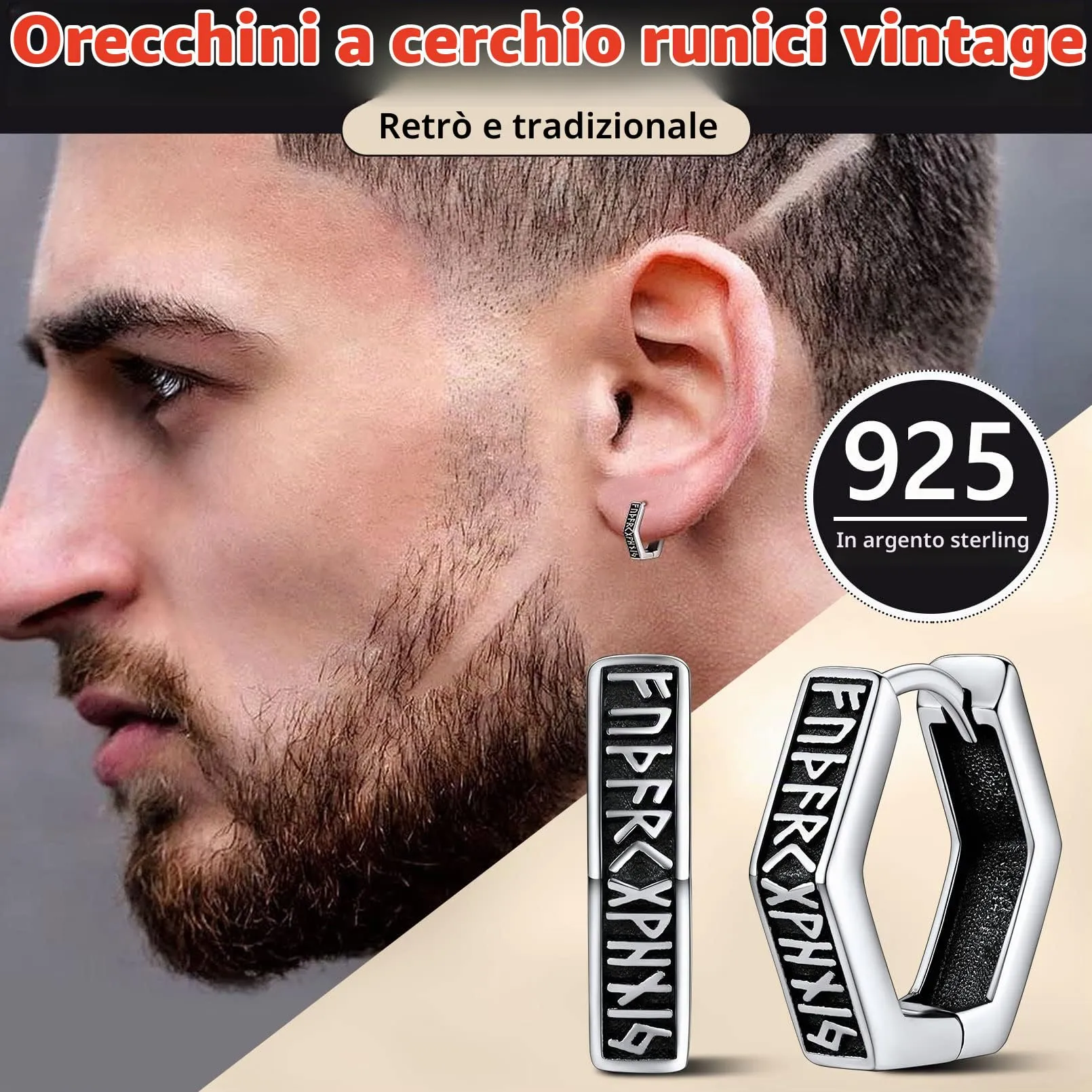 FaithHeart Orecchini a Bottone Unisex Rune Vichinghe e Celtiche con Onice in Argento Sterling S925 (TE60044V-E) - immagine 3