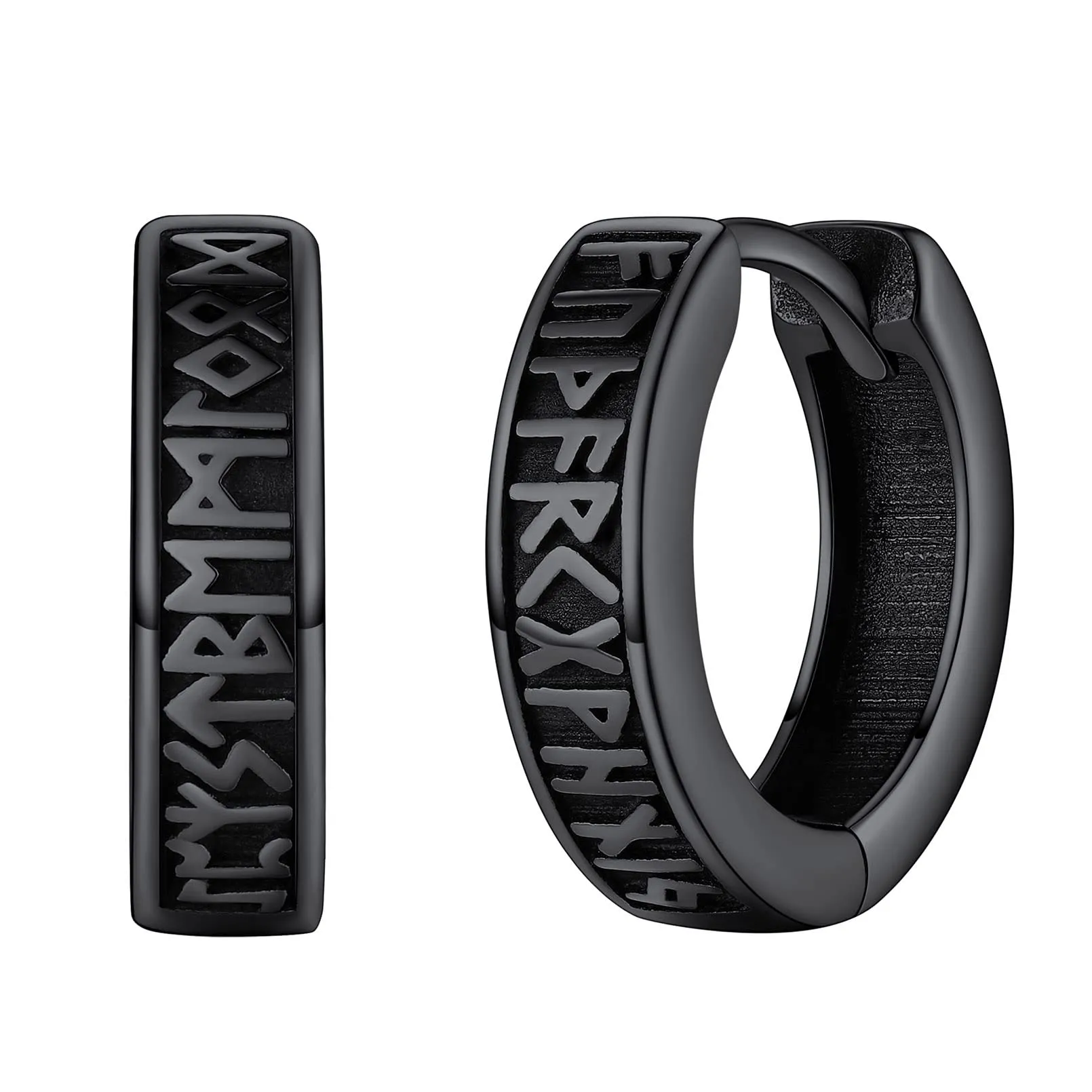 FaithHeart Orecchini Cerchio Rune Vichinghe e Celtiche in Argento 925 o Acciaio Inox con Onice - immagine 1