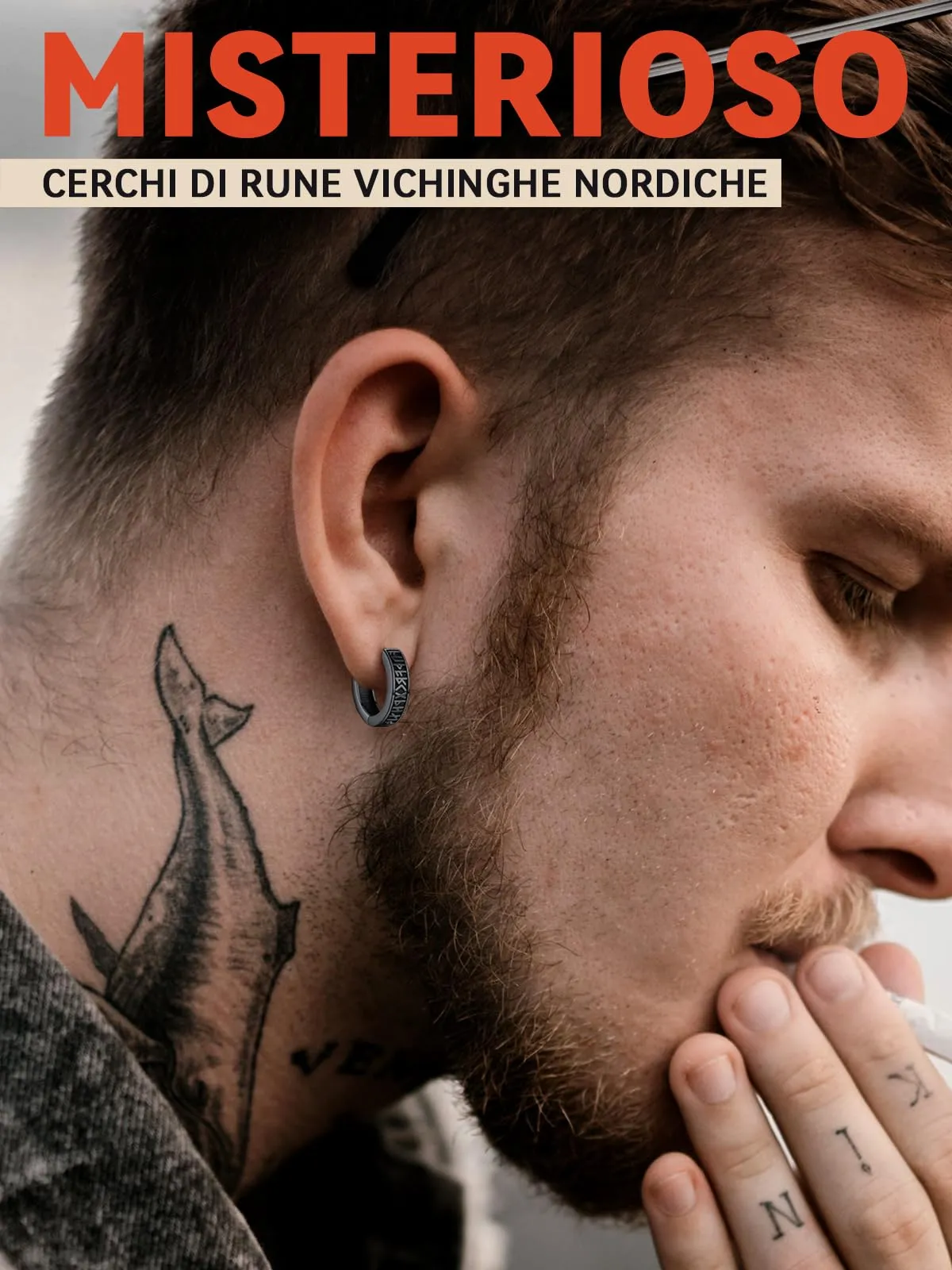 FaithHeart Orecchini Cerchio Rune Vichinghe e Celtiche in Argento 925 o Acciaio Inox con Onice - immagine 3