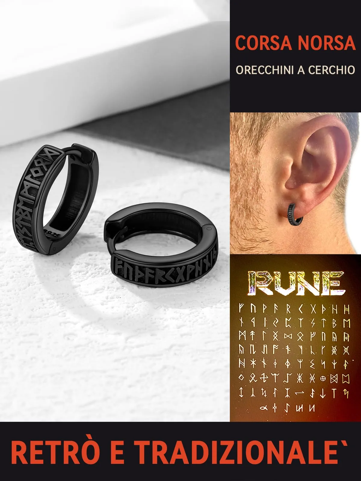 FaithHeart Orecchini Cerchio Rune Vichinghe e Celtiche in Argento 925 o Acciaio Inox con Onice - immagine 4