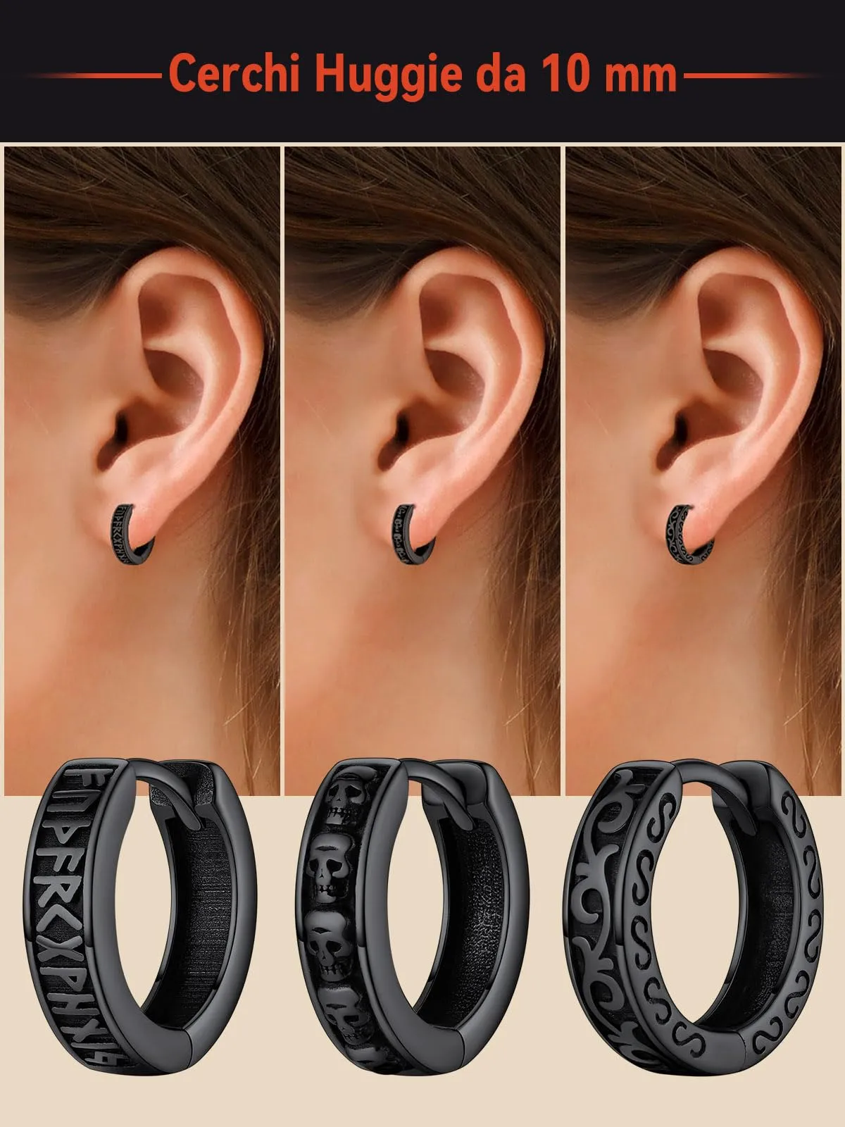 FaithHeart Orecchini Cerchio Rune Vichinghe e Celtiche in Argento 925 o Acciaio Inox con Onice - immagine 6