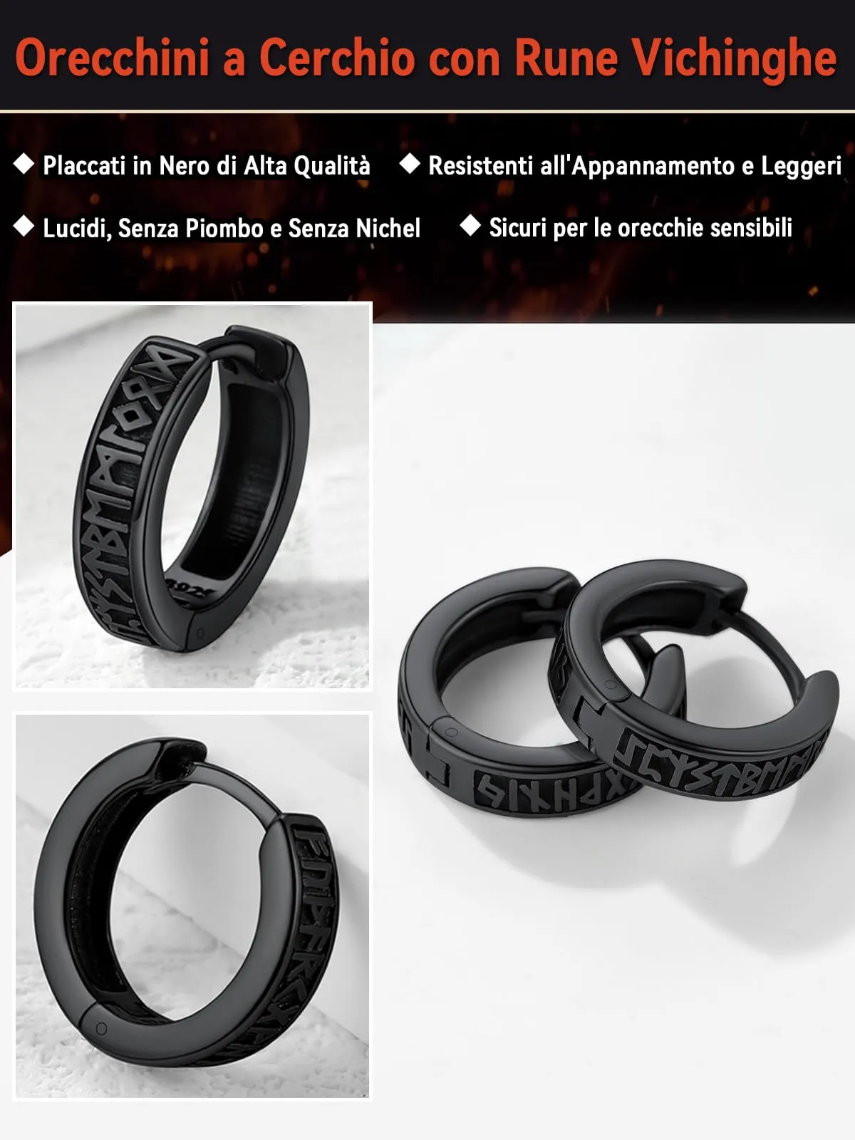 FaithHeart Orecchini Cerchio Rune Vichinghe e Celtiche in Argento 925 o Acciaio Inox con Onice - immagine 7