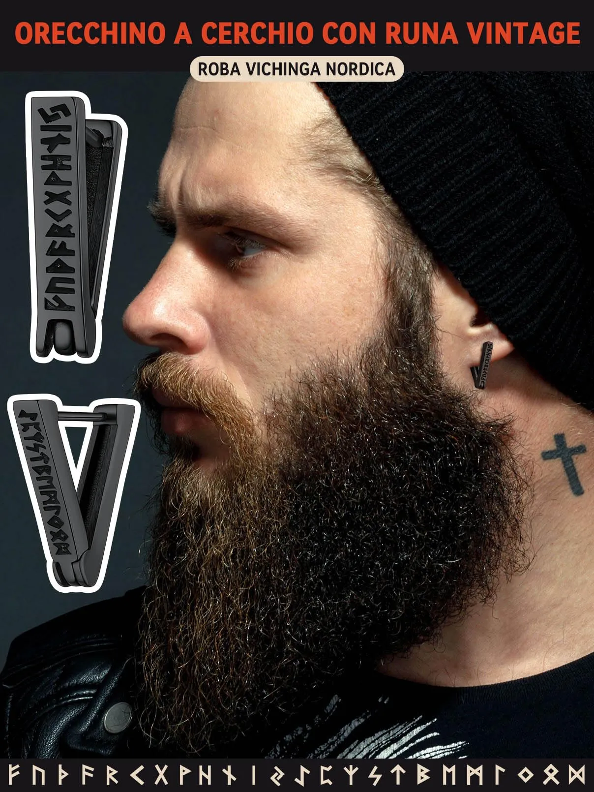 FaithHeart Orecchini Uomo Cerchio Rune Vichinghe e Celtiche in Acciaio Inox con Onice Nero - immagine 2