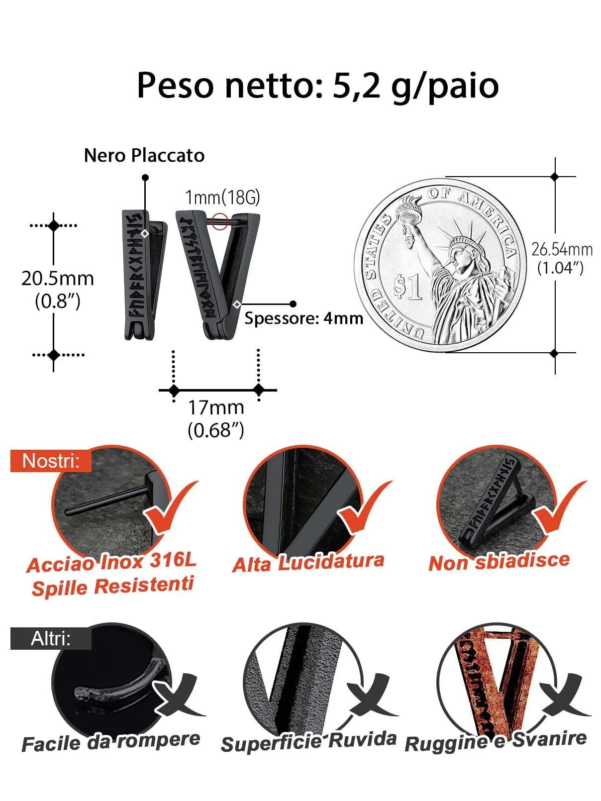 FaithHeart Orecchini Uomo Cerchio Rune Vichinghe e Celtiche in Acciaio Inox con Onice Nero - immagine 3