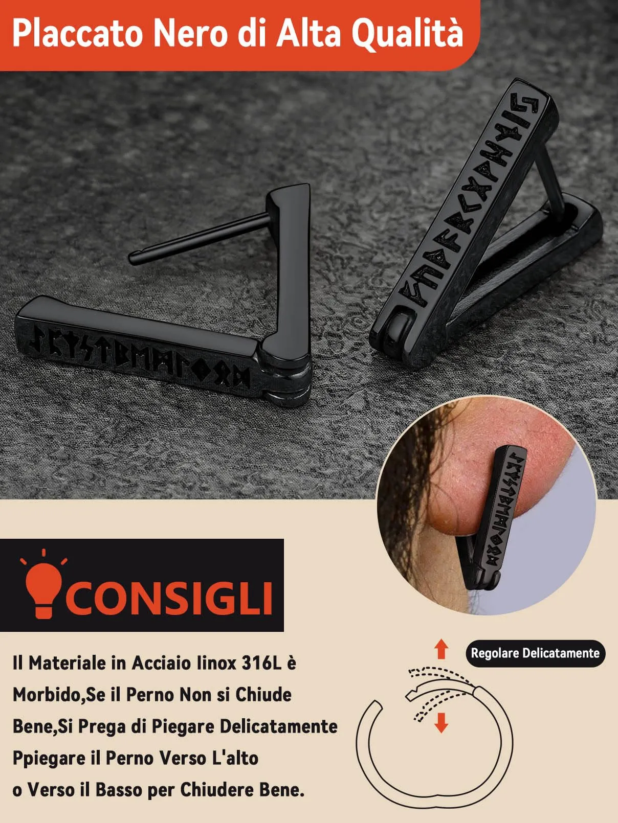 FaithHeart Orecchini Uomo Cerchio Rune Vichinghe e Celtiche in Acciaio Inox con Onice Nero - immagine 4
