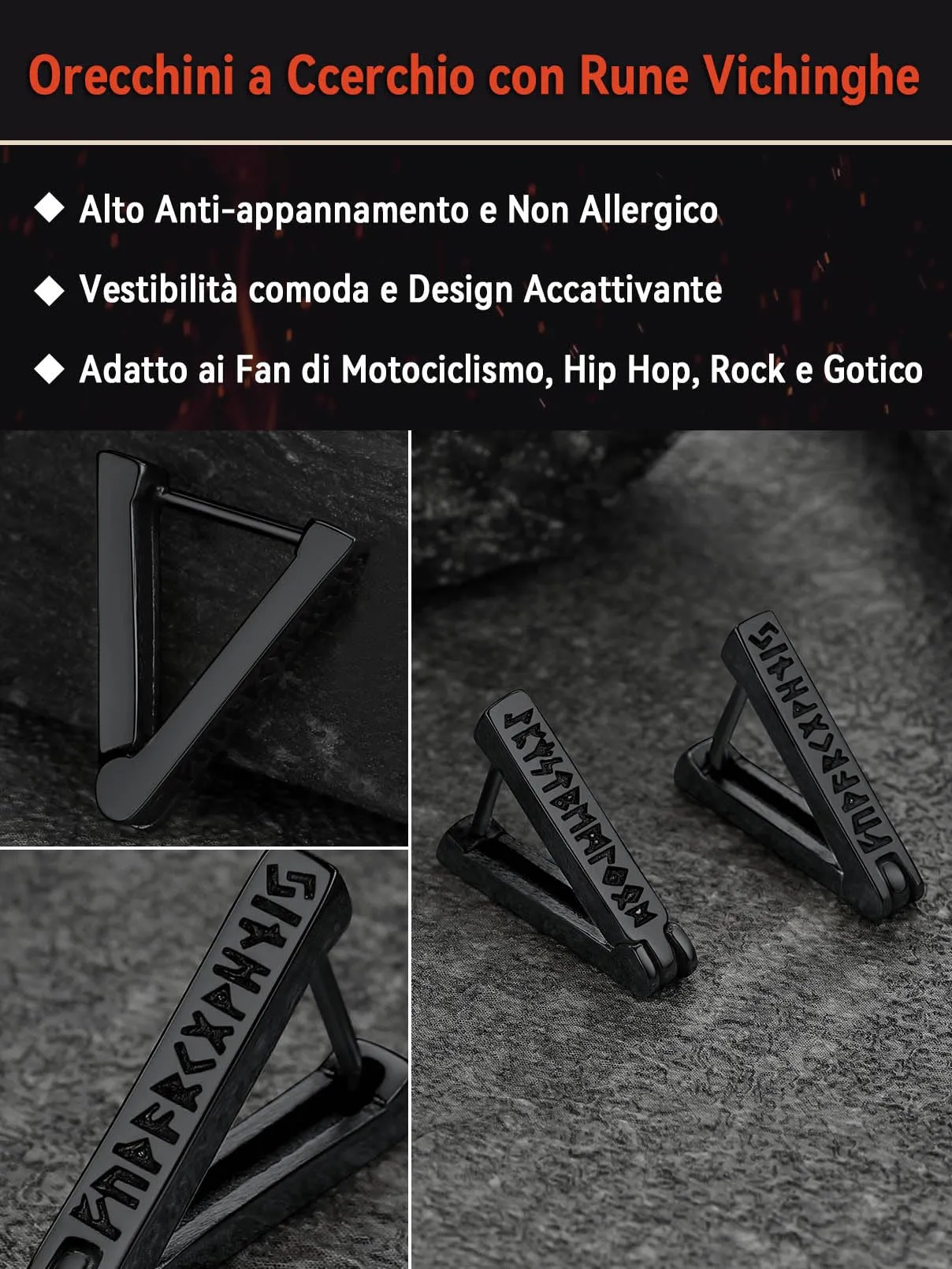 FaithHeart Orecchini Uomo Cerchio Rune Vichinghe e Celtiche in Acciaio Inox con Onice Nero - immagine 5