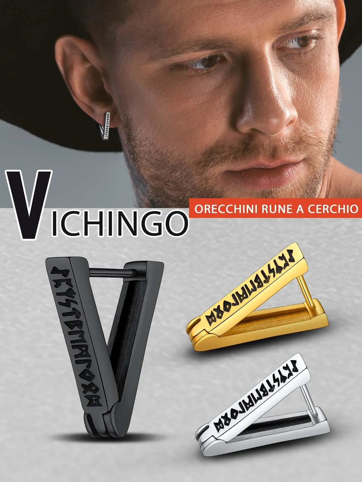 FaithHeart Orecchini Uomo Cerchio Rune Vichinghe e Celtiche in Acciaio Inox con Onice Nero - immagine 6