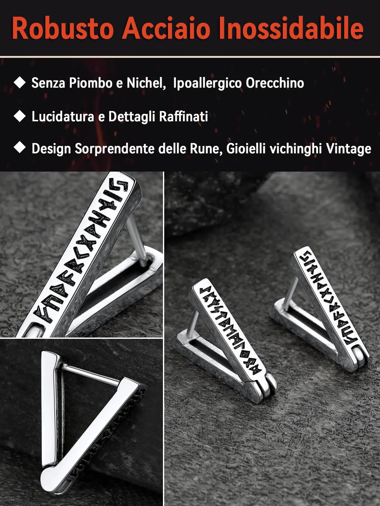FaithHeart Orecchini Uomo Rune Vichinghe e Celtiche in Acciaio Inox con Onice - immagine 2