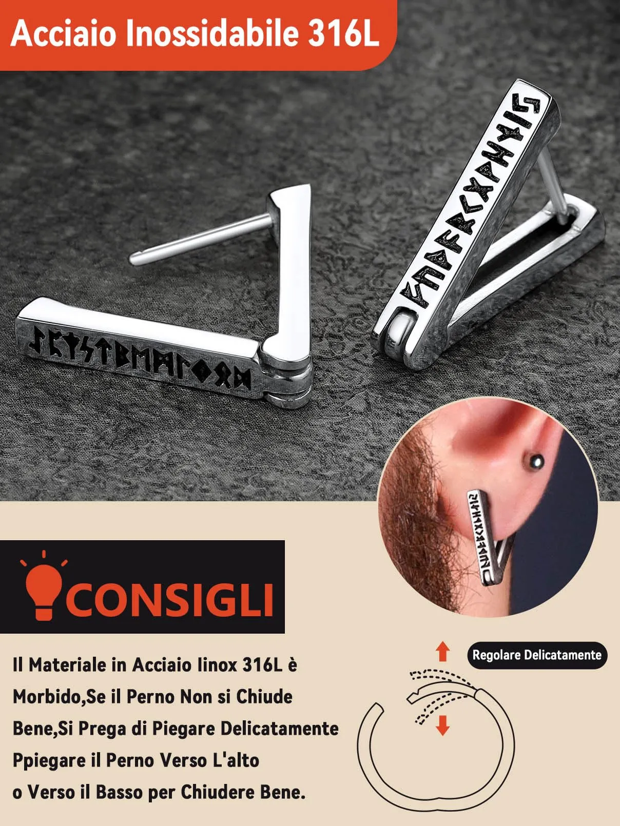 FaithHeart Orecchini Uomo Rune Vichinghe e Celtiche in Acciaio Inox con Onice - immagine 4
