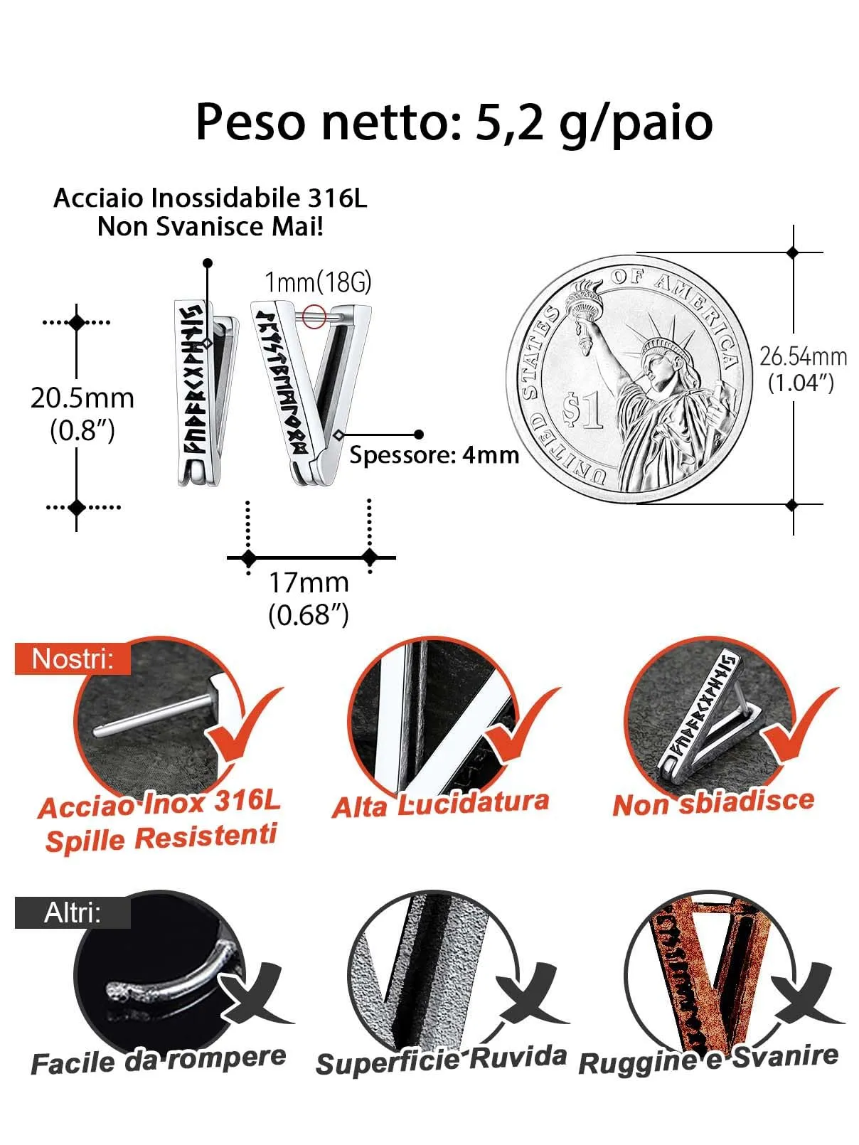 FaithHeart Orecchini Uomo Rune Vichinghe e Celtiche in Acciaio Inox con Onice - immagine 5