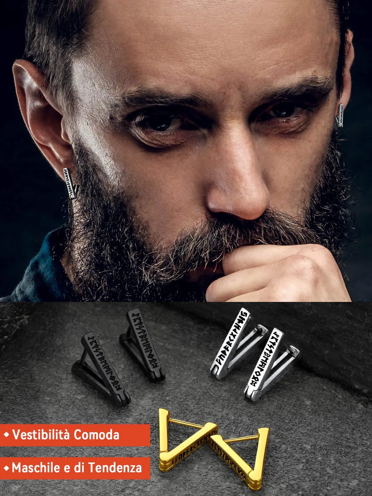FaithHeart Orecchini Uomo Rune Vichinghe e Celtiche in Acciaio Inox con Onice - immagine 7