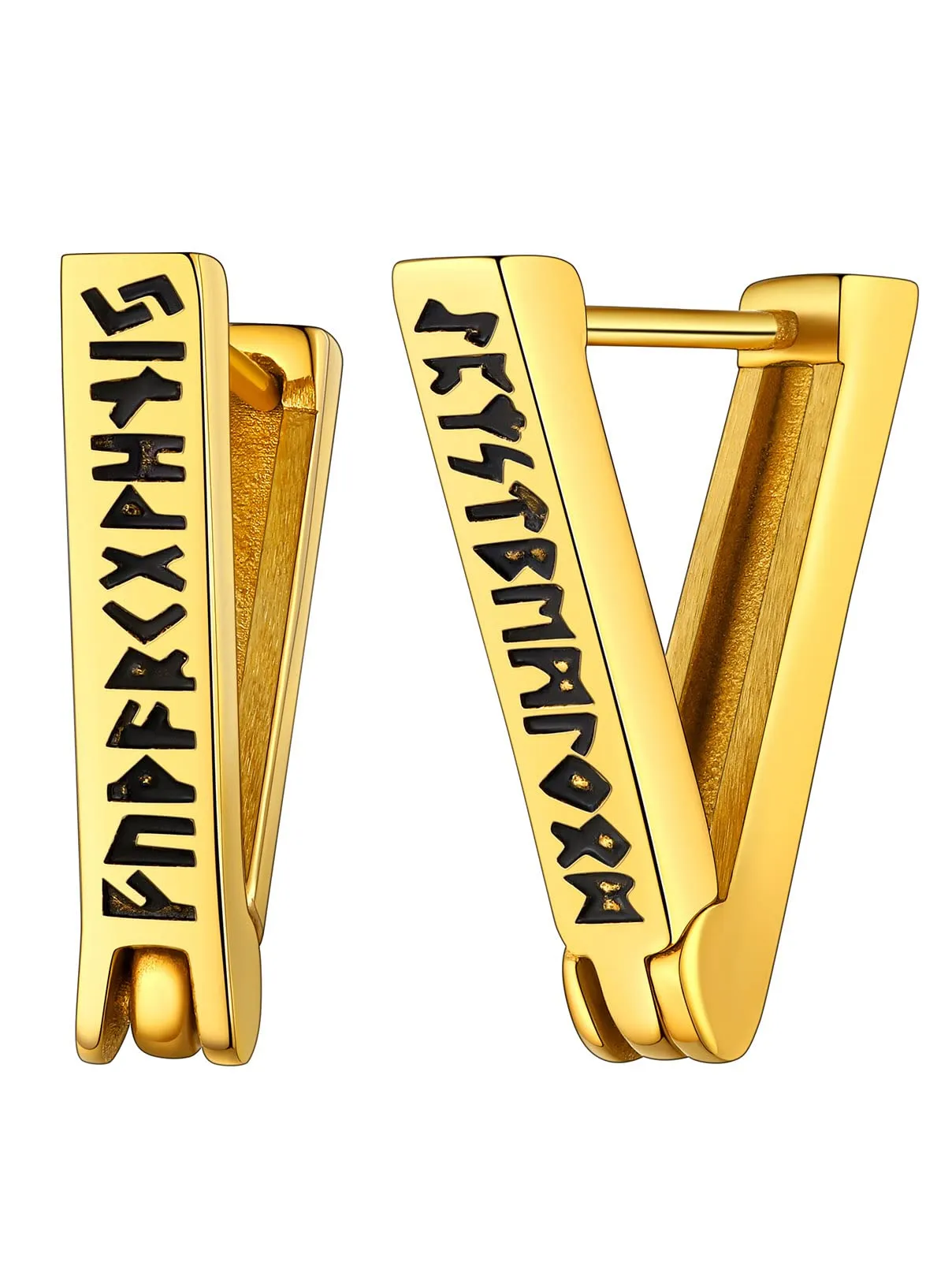 FaithHeart Orecchini Cerchio Rune Vichinghe e Celtiche in Acciaio Inox Oro con Onice - immagine 1