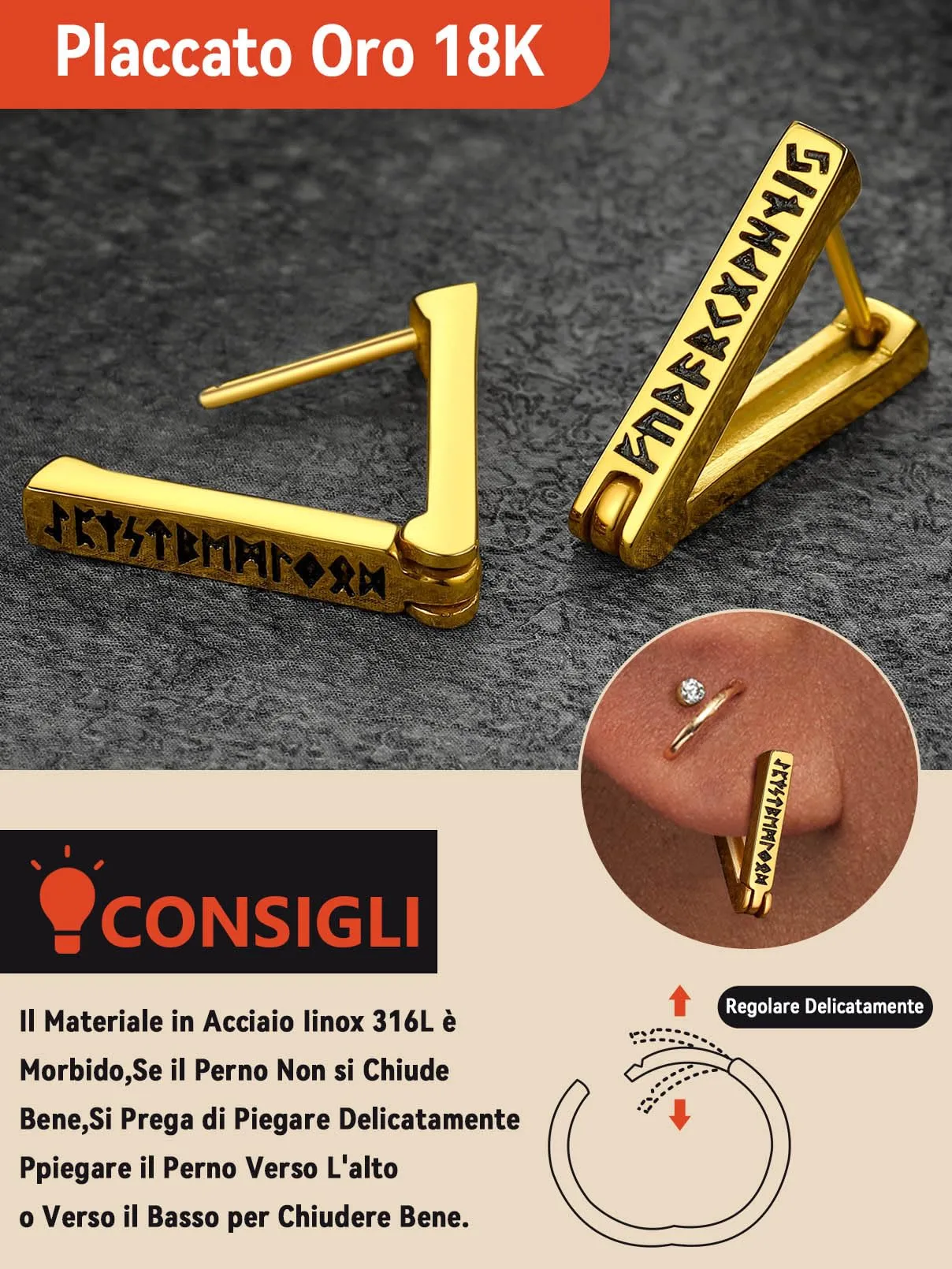 FaithHeart Orecchini Cerchio Rune Vichinghe e Celtiche in Acciaio Inox Oro con Onice - immagine 3