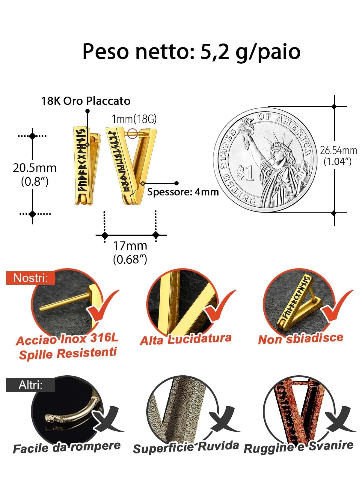 FaithHeart Orecchini Cerchio Rune Vichinghe e Celtiche in Acciaio Inox Oro con Onice - immagine 4