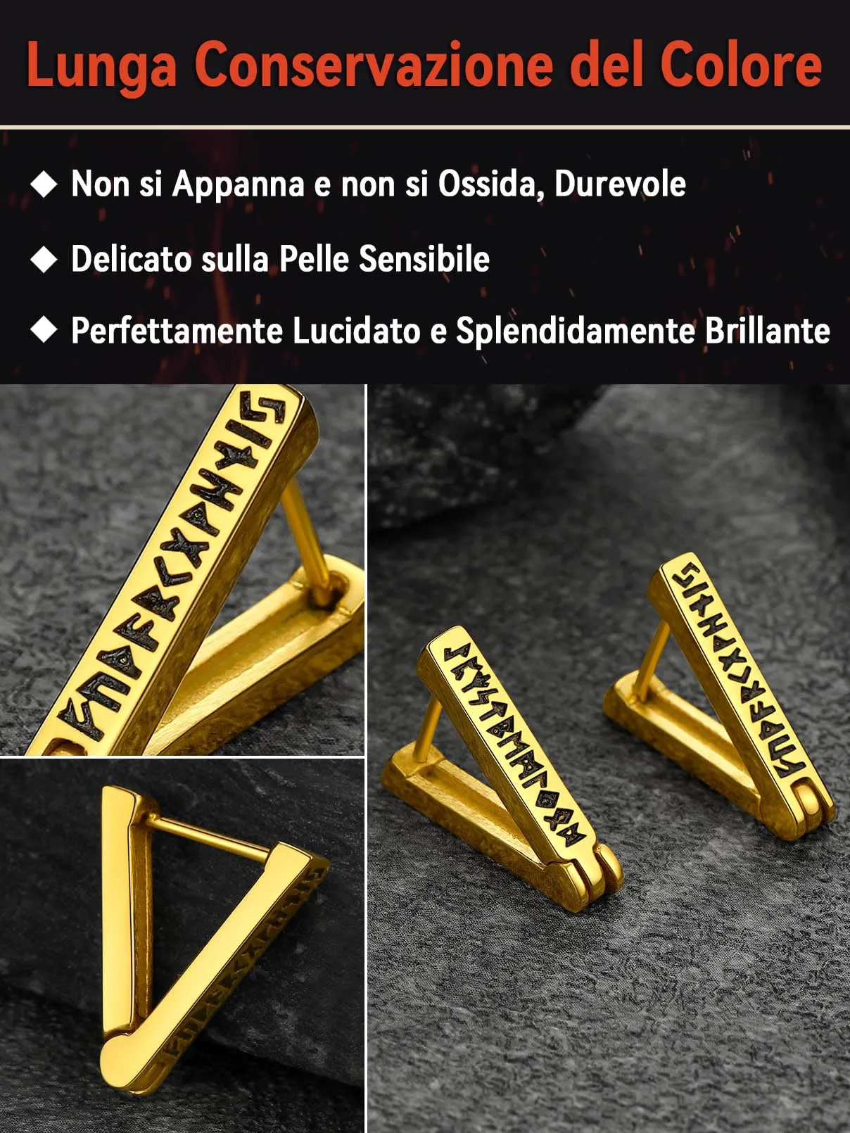 FaithHeart Orecchini Cerchio Rune Vichinghe e Celtiche in Acciaio Inox Oro con Onice - immagine 6