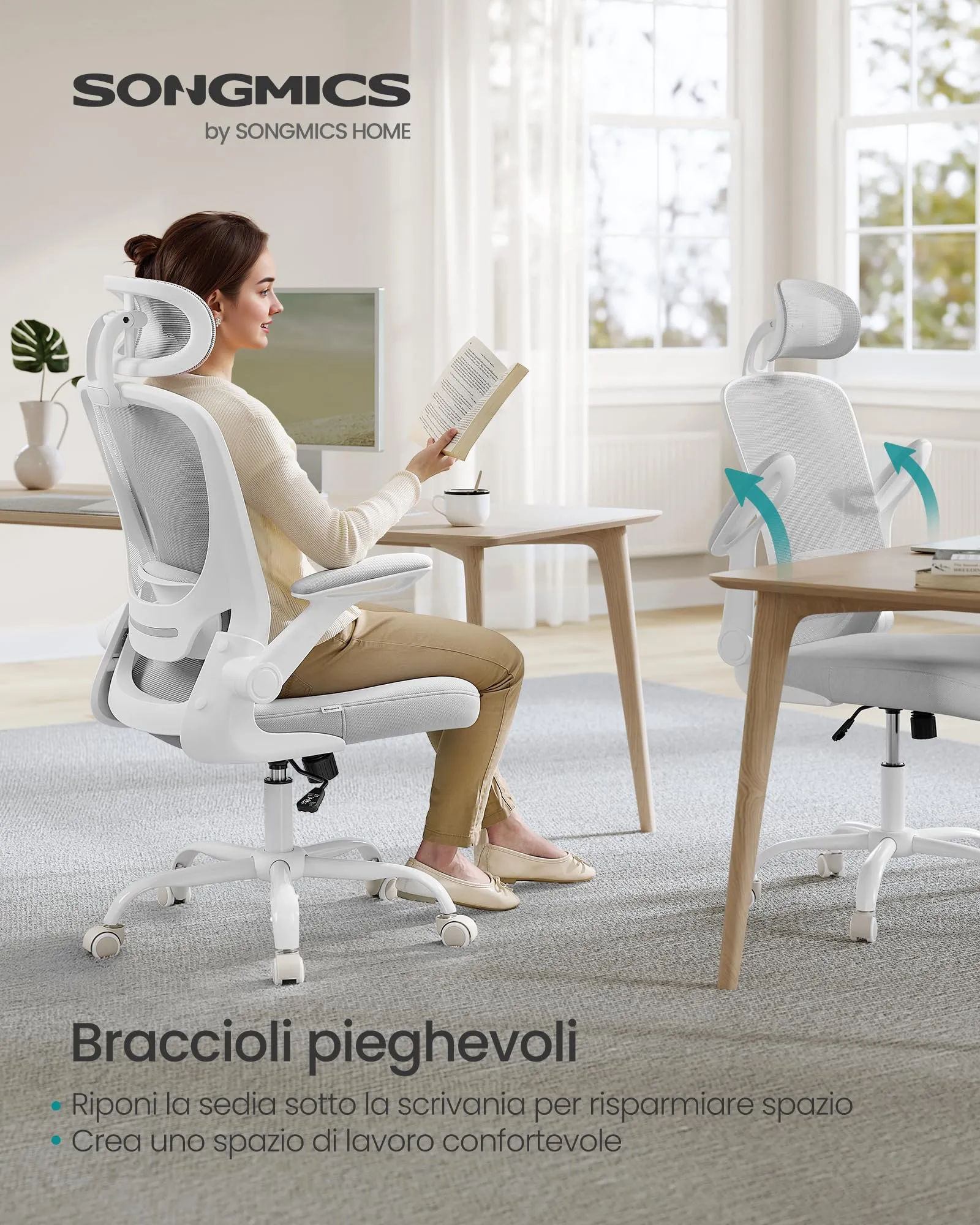 SONGMICS Sedia da Ufficio Ergonomica con Poggiatesta, Grigio Tortora - immagine 2