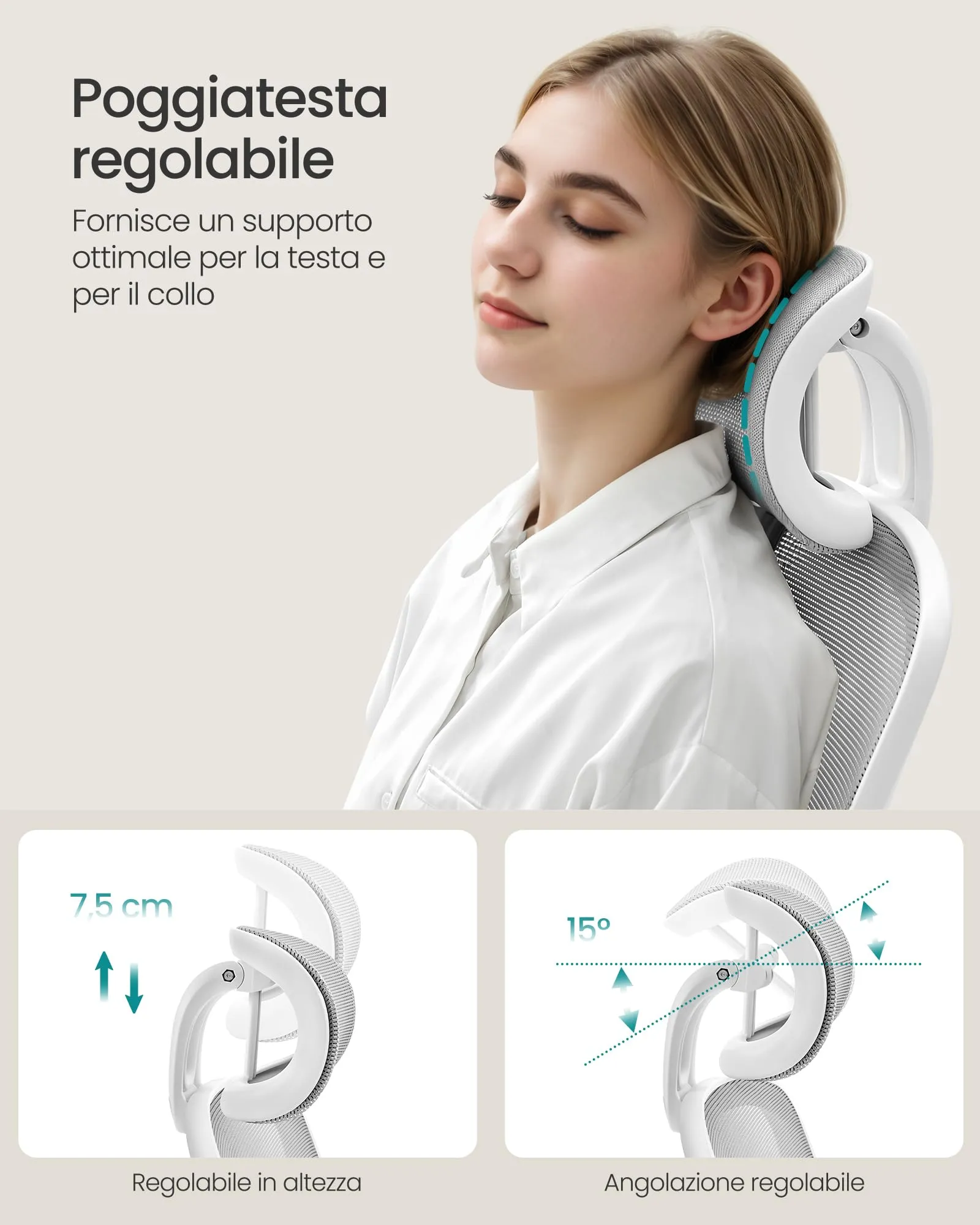 SONGMICS Sedia da Ufficio Ergonomica con Poggiatesta, Grigio Tortora - immagine 3