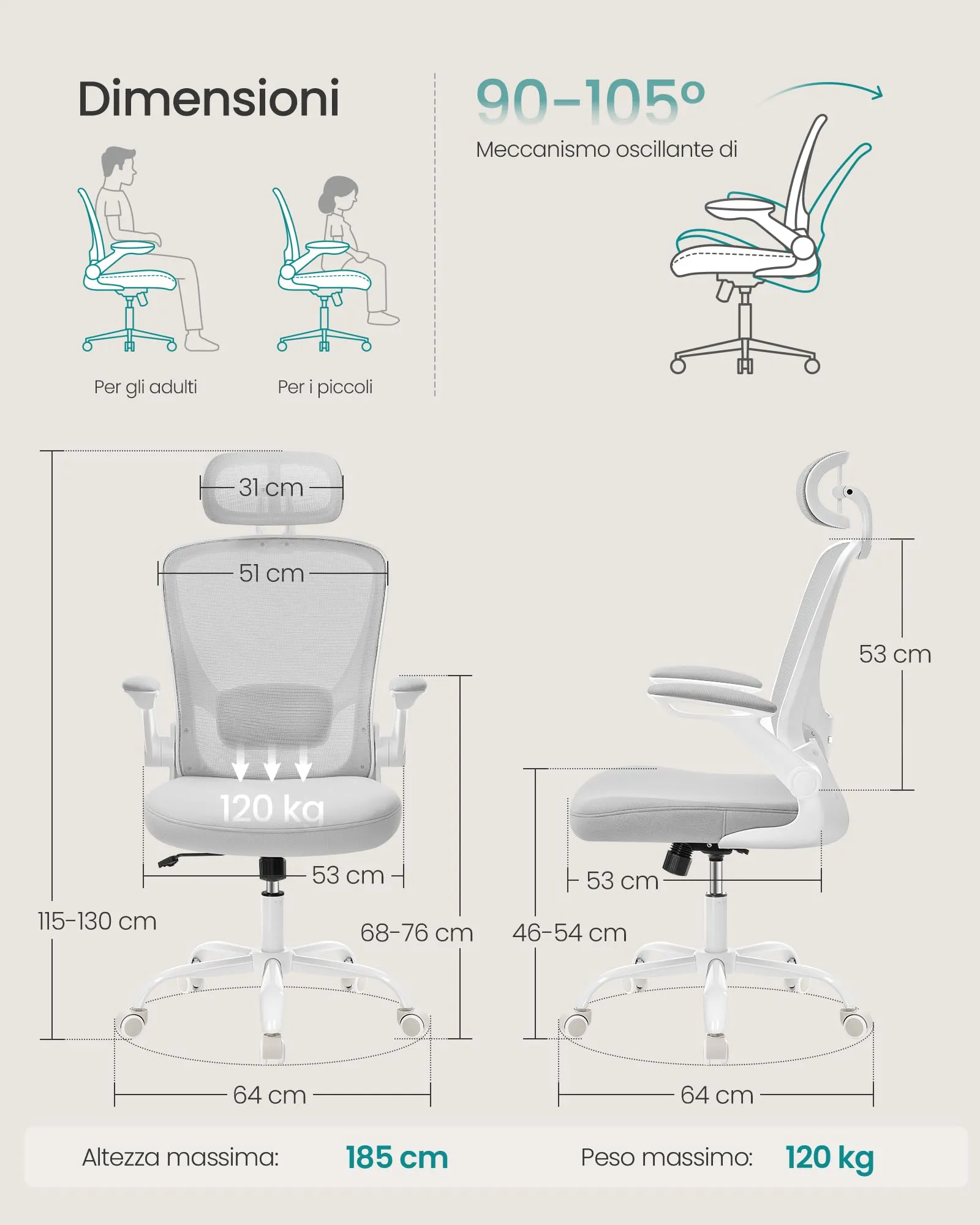 SONGMICS Sedia da Ufficio Ergonomica con Poggiatesta, Grigio Tortora - immagine 4