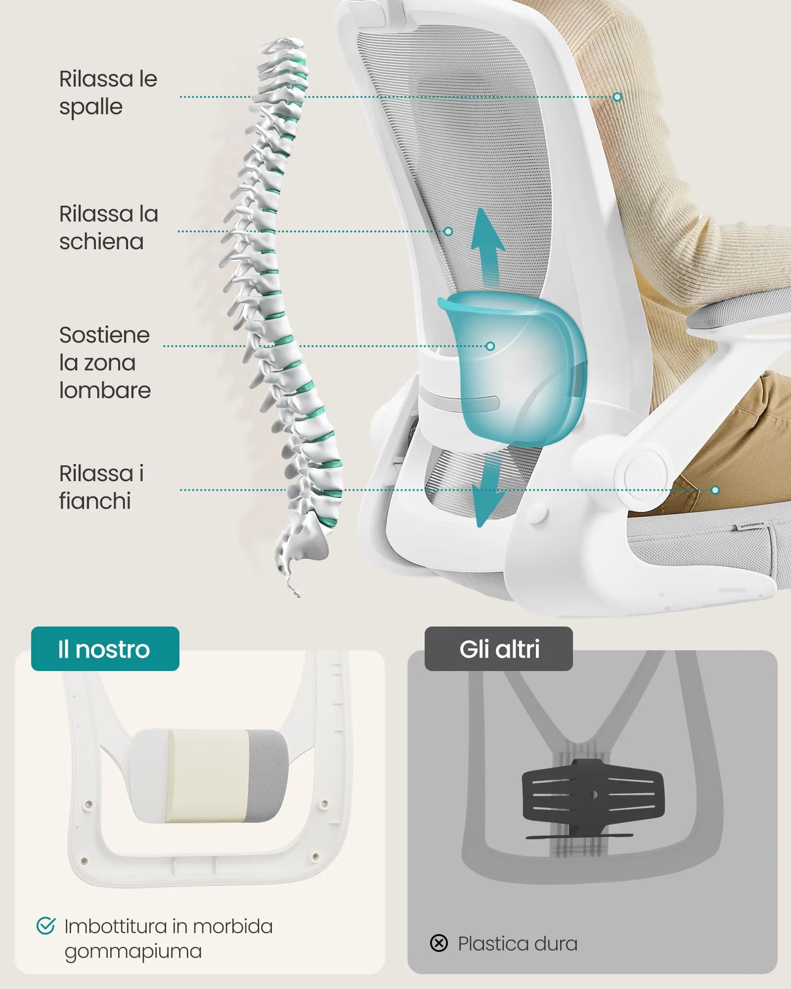 SONGMICS Sedia da Ufficio Ergonomica con Poggiatesta, Grigio Tortora - immagine 6