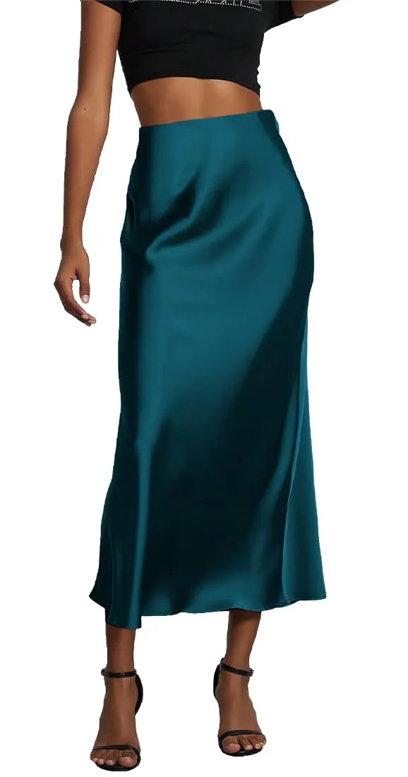 OLIPHEE Donna Gonna Lunga in Raso Vita Alta A-Line, Blu, L - immagine 1