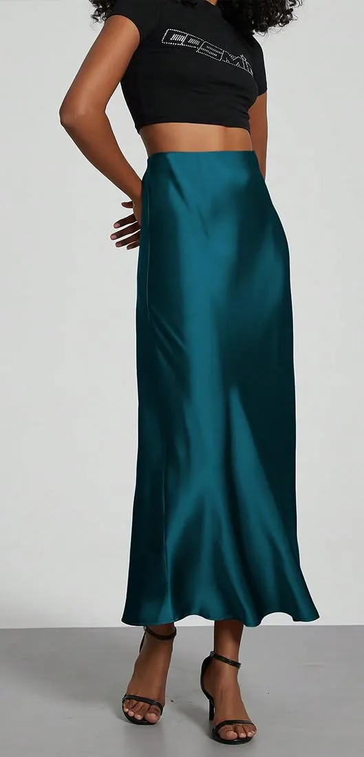 OLIPHEE Donna Gonna Lunga in Raso Vita Alta A-Line, Blu, L - immagine 3