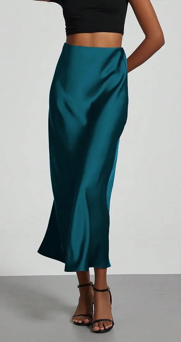 OLIPHEE Donna Gonna Lunga in Raso Vita Alta A-Line, Blu, L - immagine 4