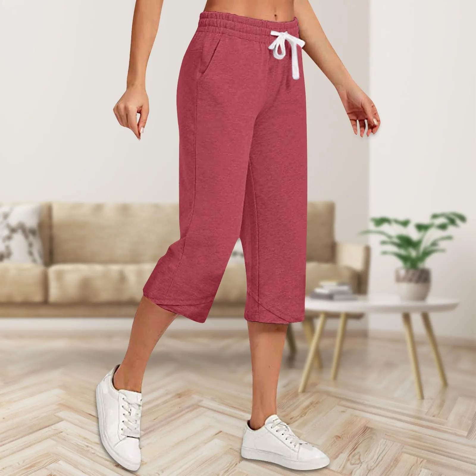 HEONSATI Pantalone Cropped Donna in Cotone e Lino Casual 3/4 Larghi Elasticizzati Curvy - immagine 2