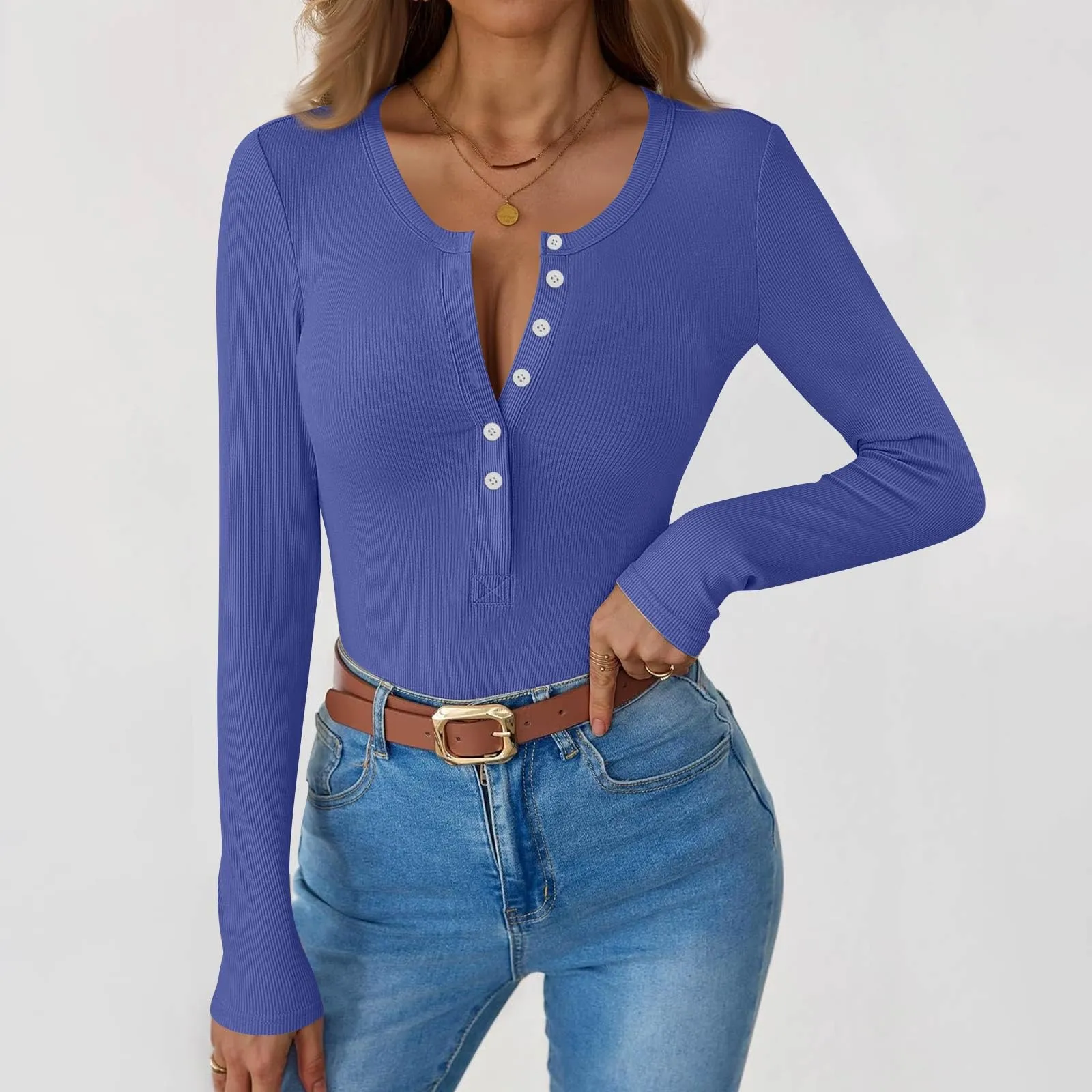 MOKBAY Maglia in Cotone Maniche Lunghe Slim Fit Tinta Unita Donna Rosa XL - immagine 2