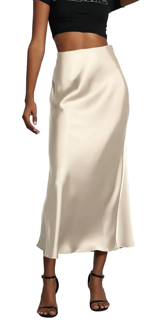 OLIPHEE Gonna Donna Lunga in Raso Vita Alta A-Line Beige XS - immagine 1