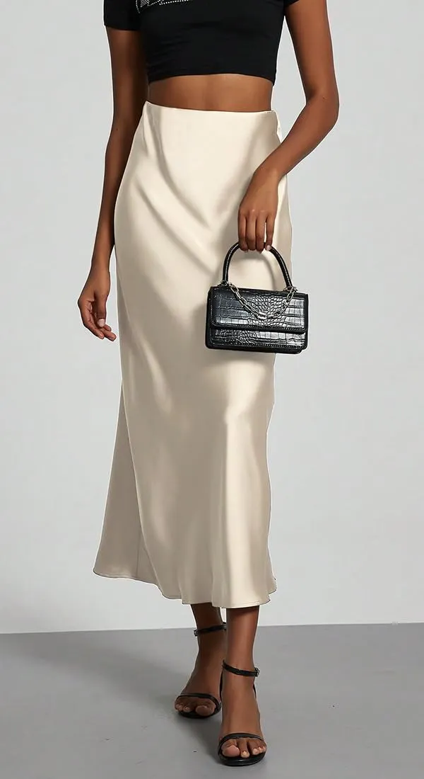 OLIPHEE Gonna Donna Lunga in Raso Vita Alta A-Line Beige XS - immagine 2