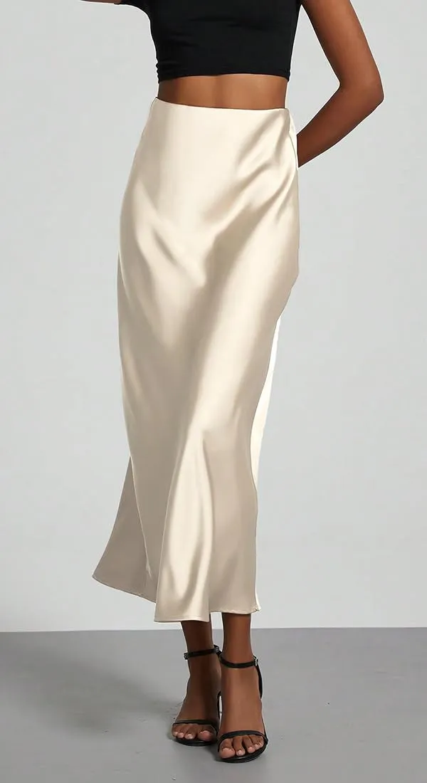 OLIPHEE Gonna Donna Lunga in Raso Vita Alta A-Line Beige XS - immagine 4