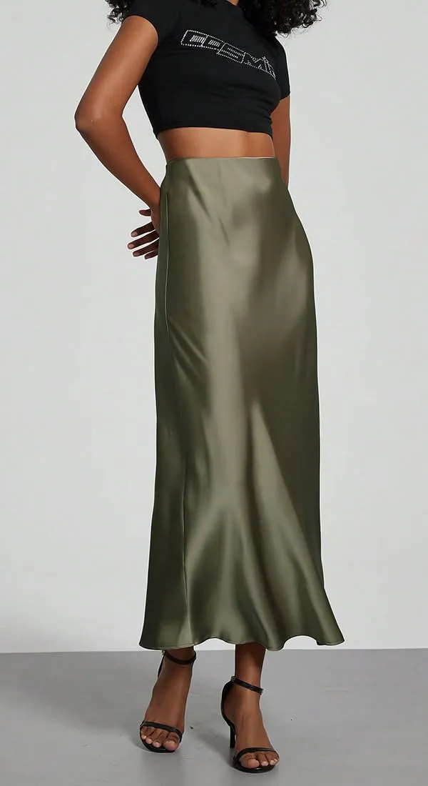 OLIPHEE Gonna Lunga in Raso Elegante A-Line Vita Alta Verde M - immagine 3