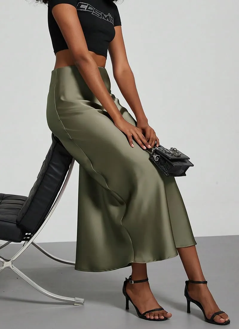 OLIPHEE Gonna Lunga in Raso Elegante A-Line Vita Alta Verde M - immagine 6