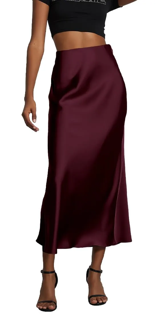 OLIPHEE Gonna Lunga in Raso Elegante A-Line, Vita Alta, Rosso, L - immagine 1