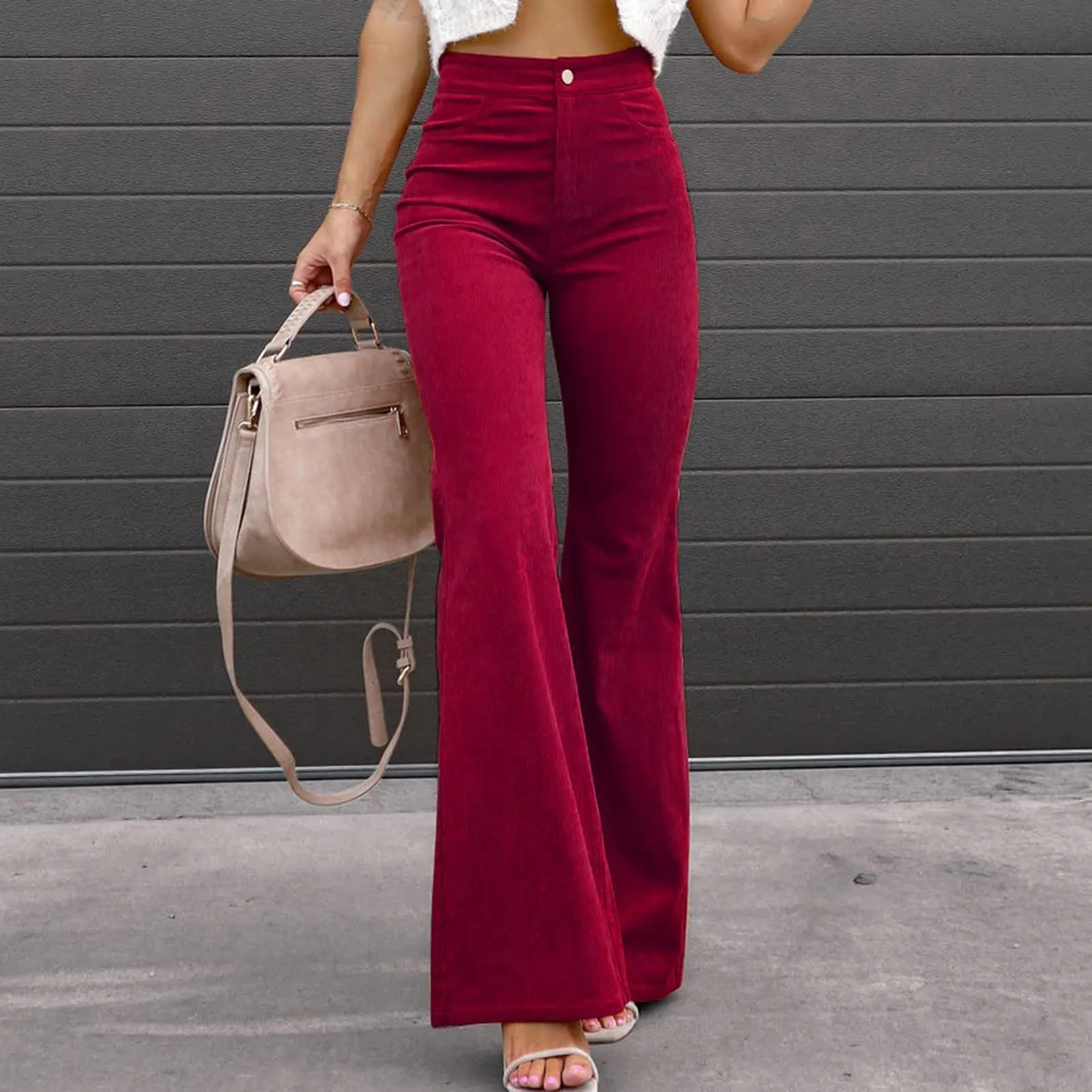 Duohropke Pantaloni a campana in corduroy da donna con vita elasticizzata - immagine 2