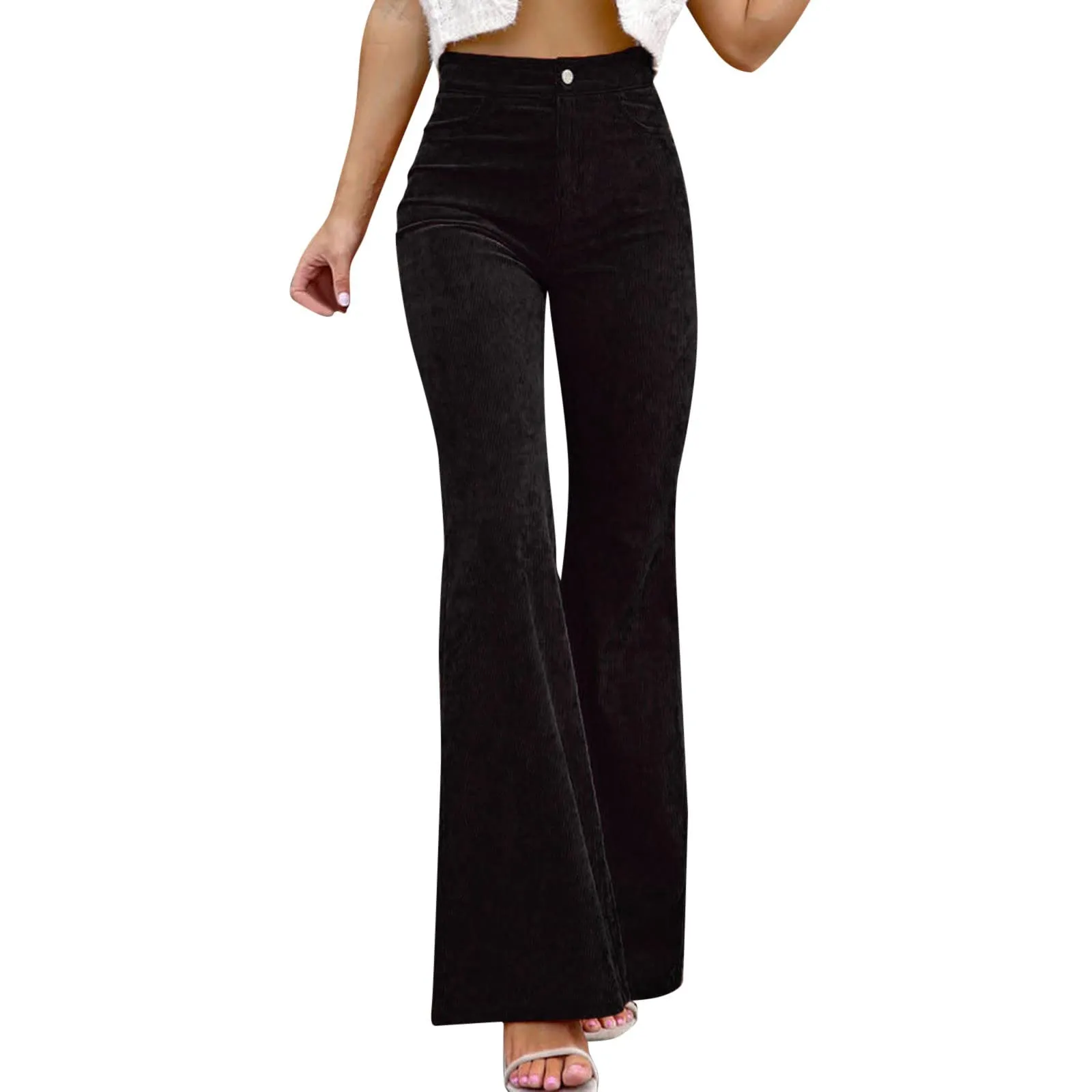 Duohropke Pantaloni a campana in corduroy da donna, elasticizzati a vita bassa, casual - immagine 1