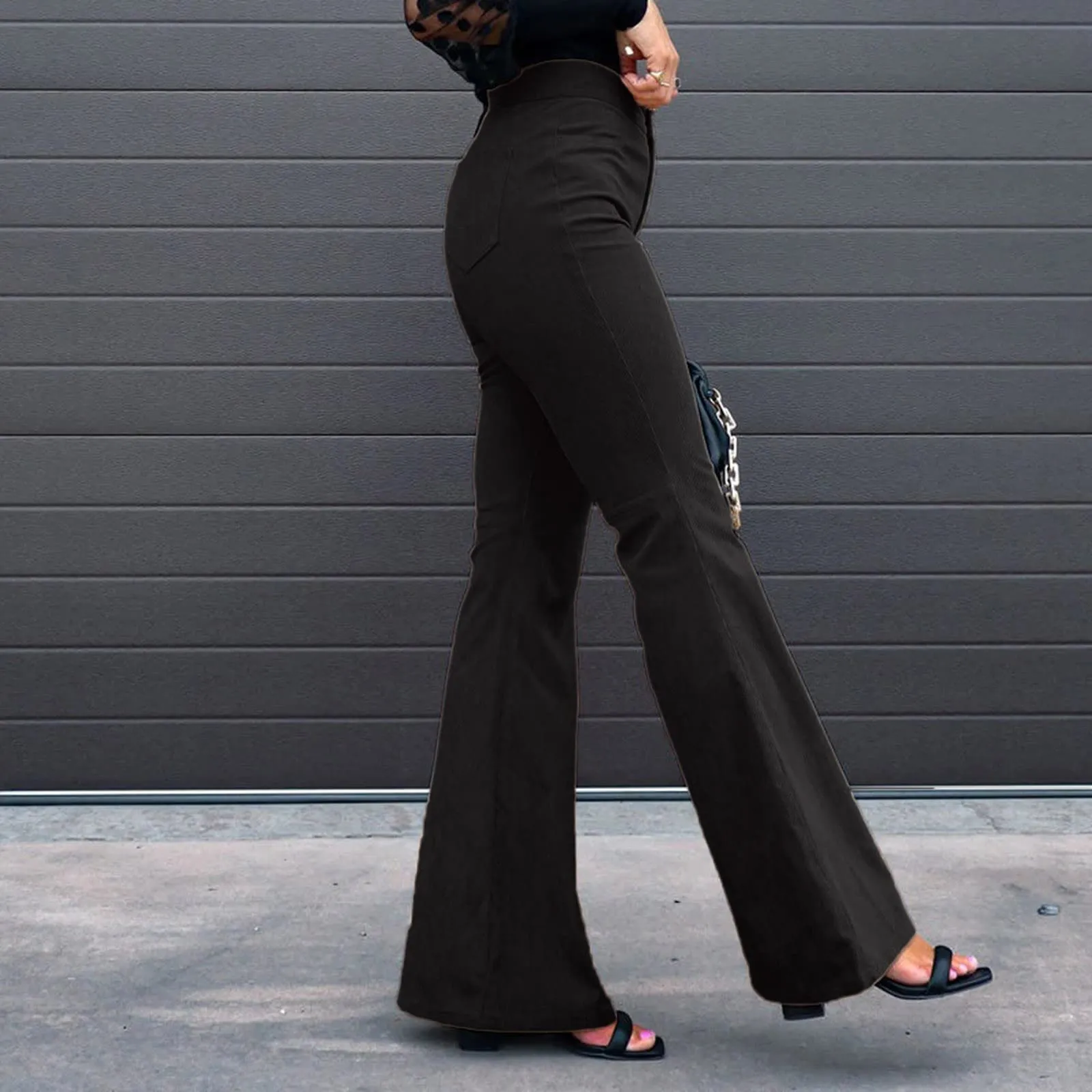 Duohropke Pantaloni a campana in corduroy da donna con vita elasticizzata, casual, neri, XXL - immagine 3