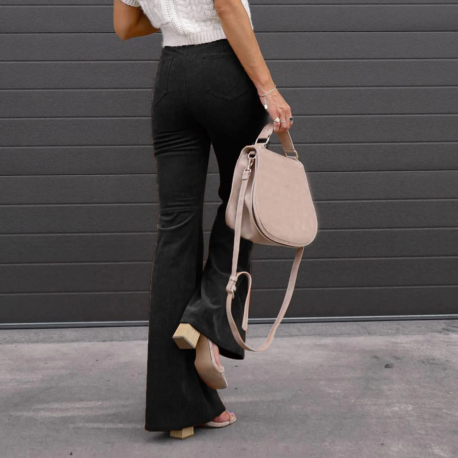Duohropke Pantaloni a campana in corduroy da donna con vita elasticizzata, casual, neri, XXL - immagine 4