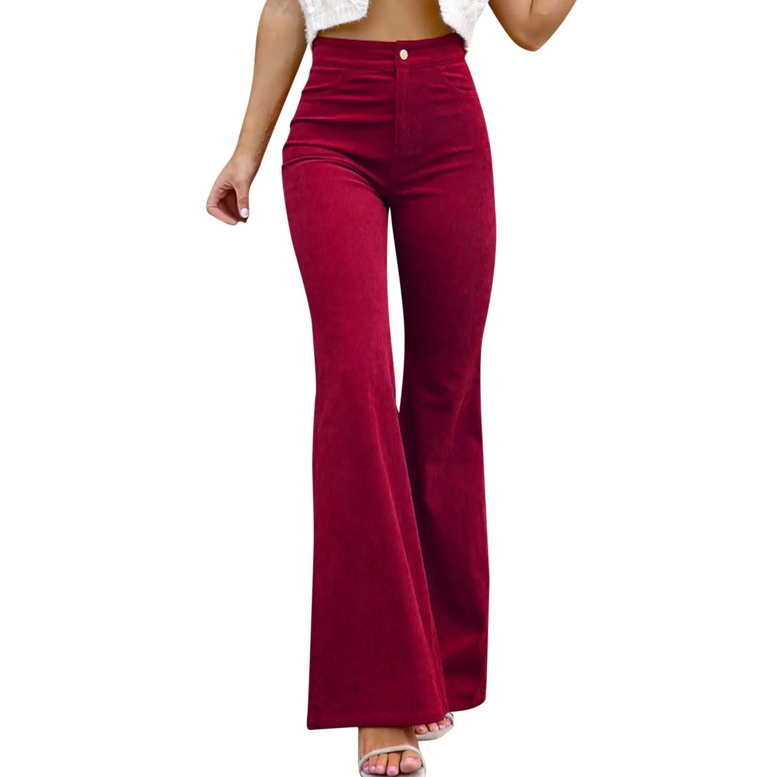 Duohropke Pantaloni a campana in corduroy da donna con vita elasticizzata - immagine 1