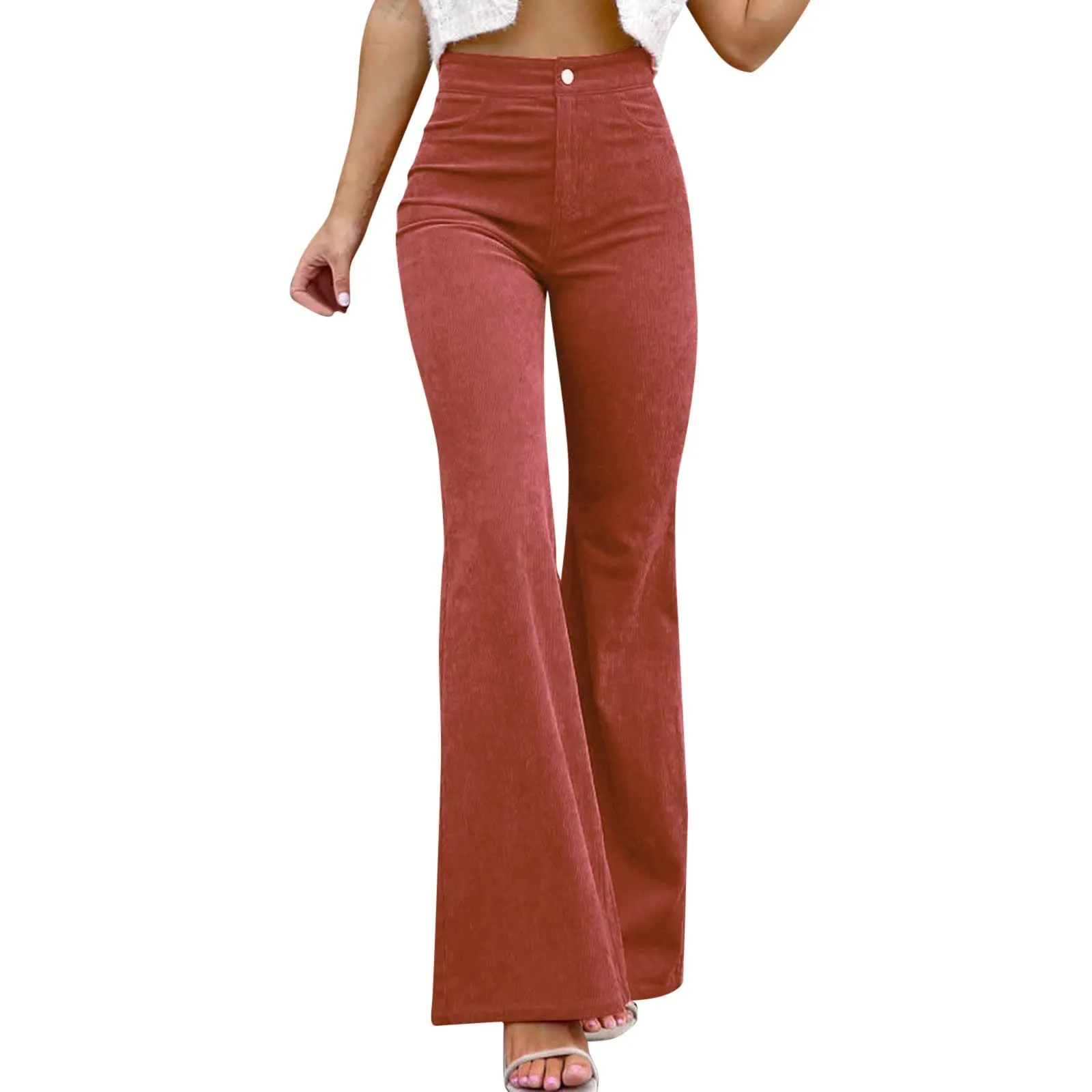 Duohropke Pantaloni a campana in corduroy a vita alta da donna - immagine 1