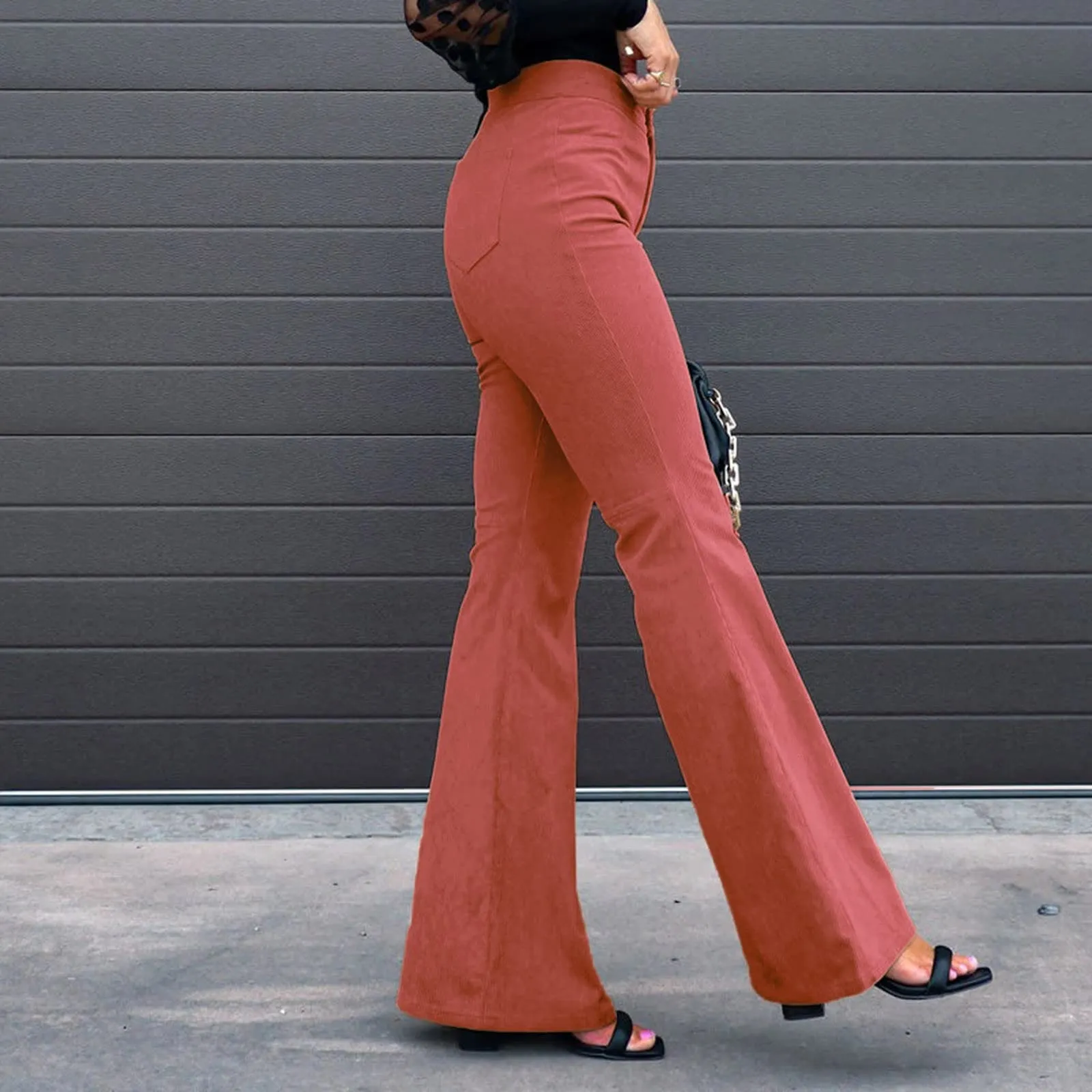 Duohropke Pantaloni a campana in corduroy da donna con vita elasticizzata, Arancione, XXL - immagine 3