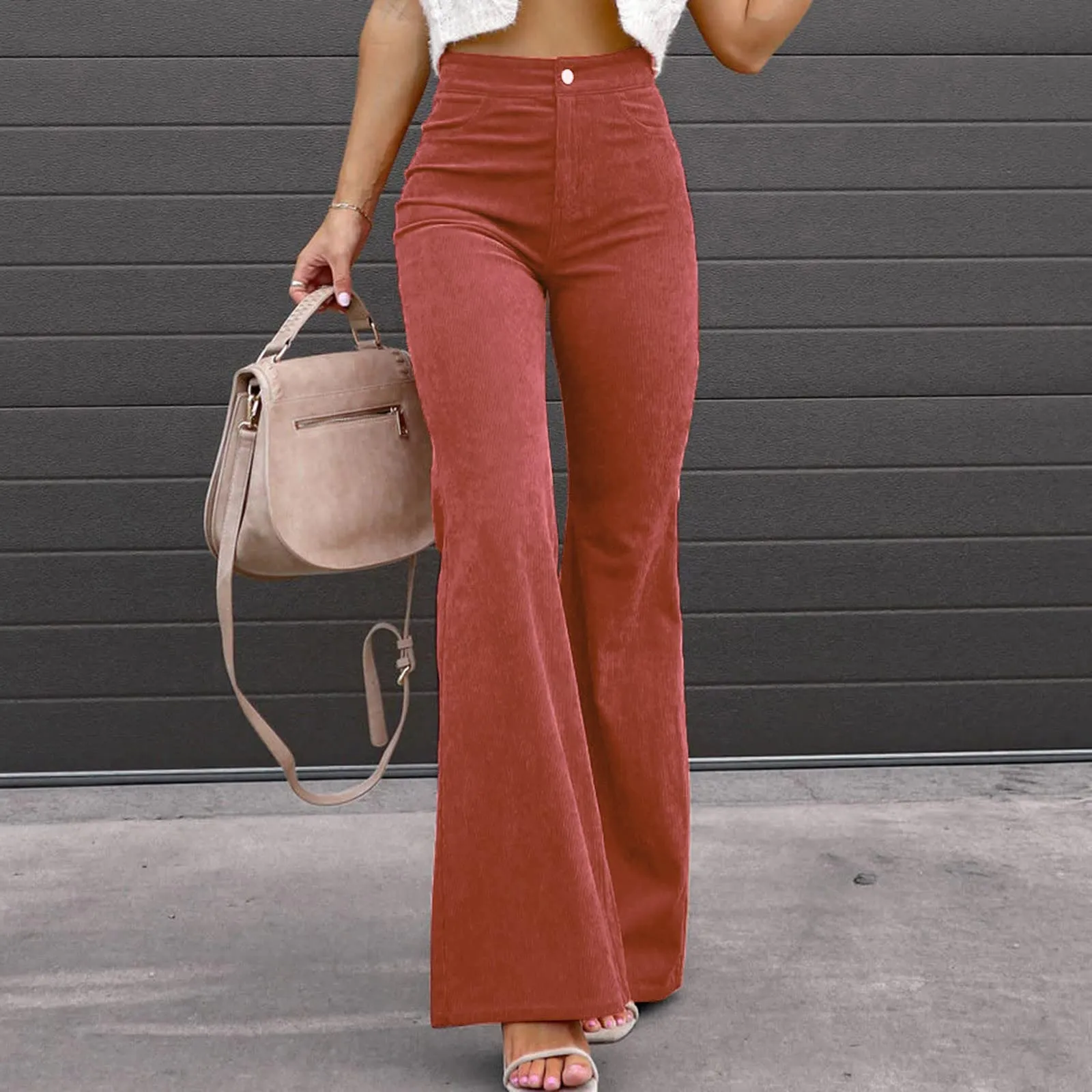 Duohropke Pantaloni a campana in corduroy da donna a vita alta elasticizzati casual - immagine 2