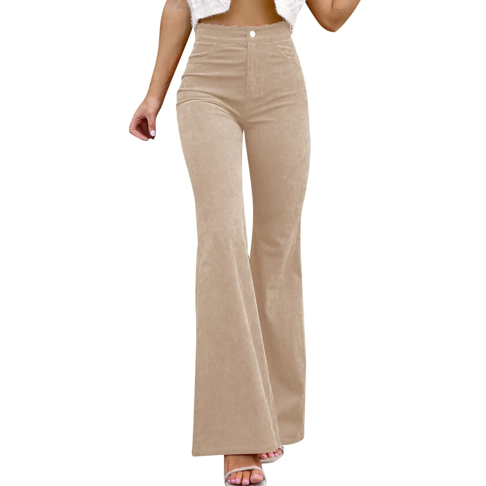 Duohropke Pantaloni a zampa in velluto a coste da donna, vita elastica, bootcut casual - immagine 1