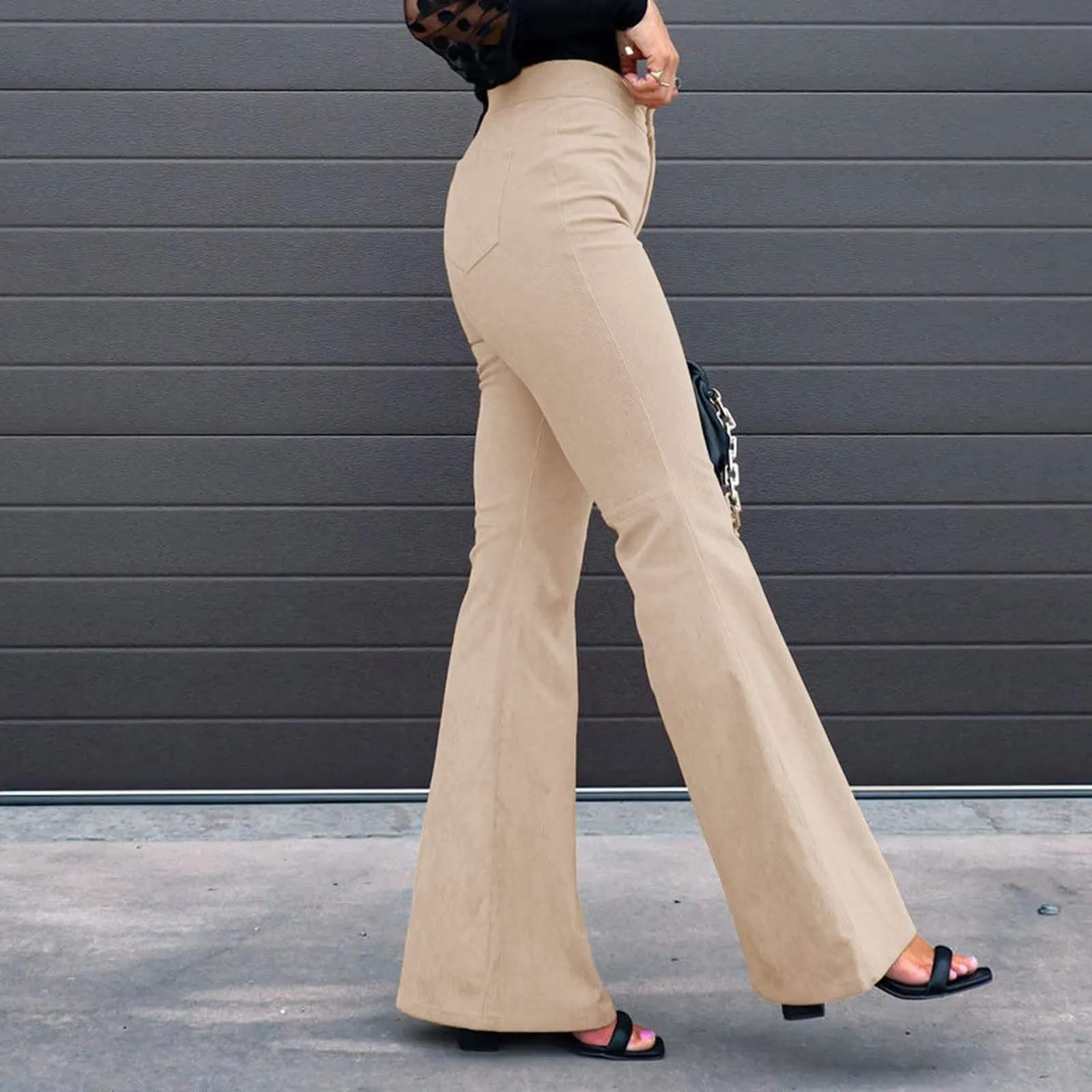 Duohropke Pantaloni a zampa in velluto a coste da donna, vita elastica, bootcut casual - immagine 3