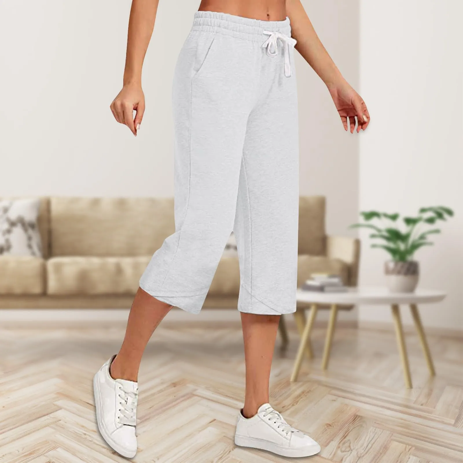 HEONSATI Pantalone Cropped Donna in Cotone e Lino Sportivi Casual Pinocchietti 3/4 Estivi Larghi Elasticizzati Curvy a Gamba Larga Taglie Forti - immagine 2