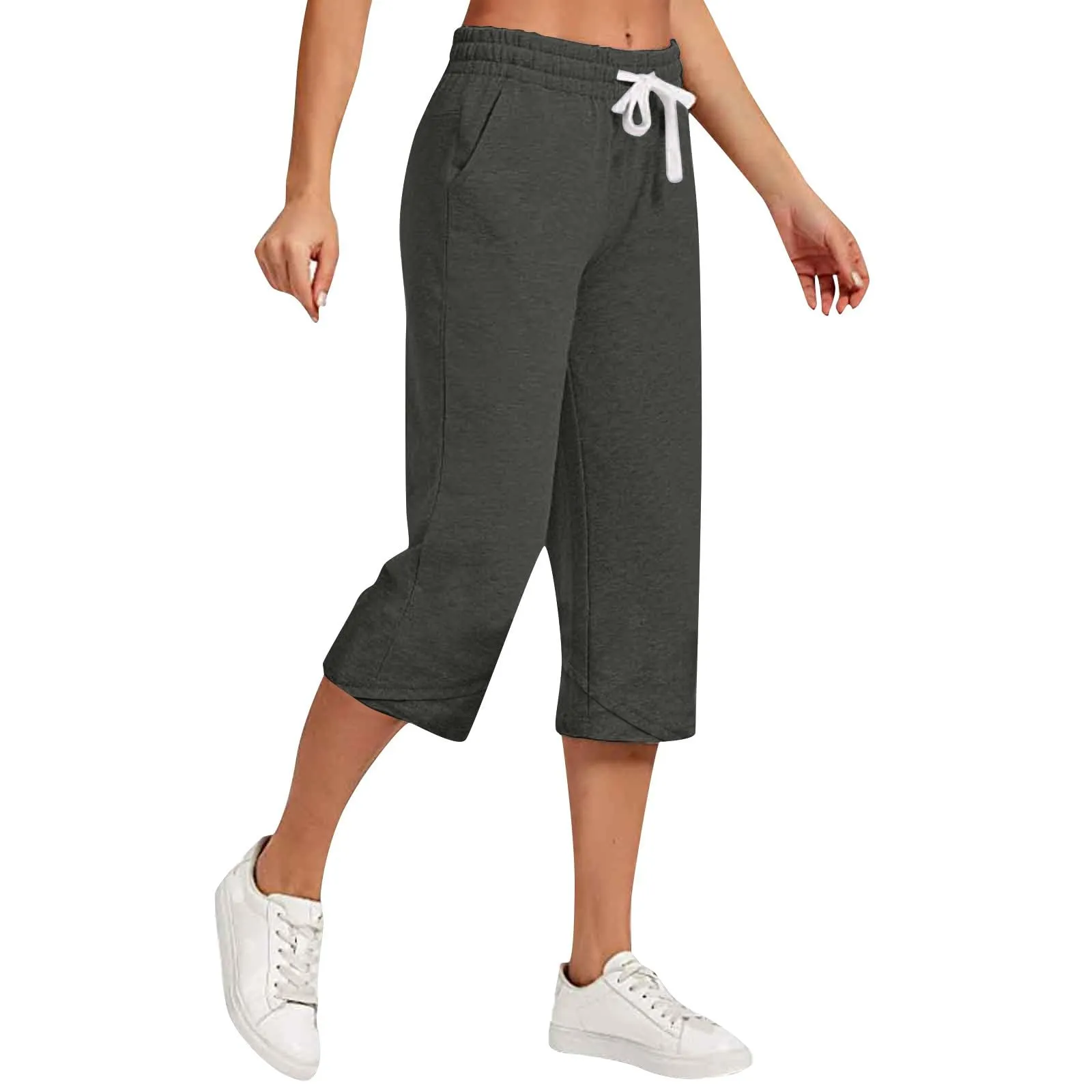 HEONSATI Pantalone Cropped Donna in Cotone e Lino Sportivi Casual Pinocchietti 3/4 Estivi Leggeri Bermuda 7/8 Larghi Elasticizzati Curvy Capri a Gamba Larga Taglie Forti - immagine 1