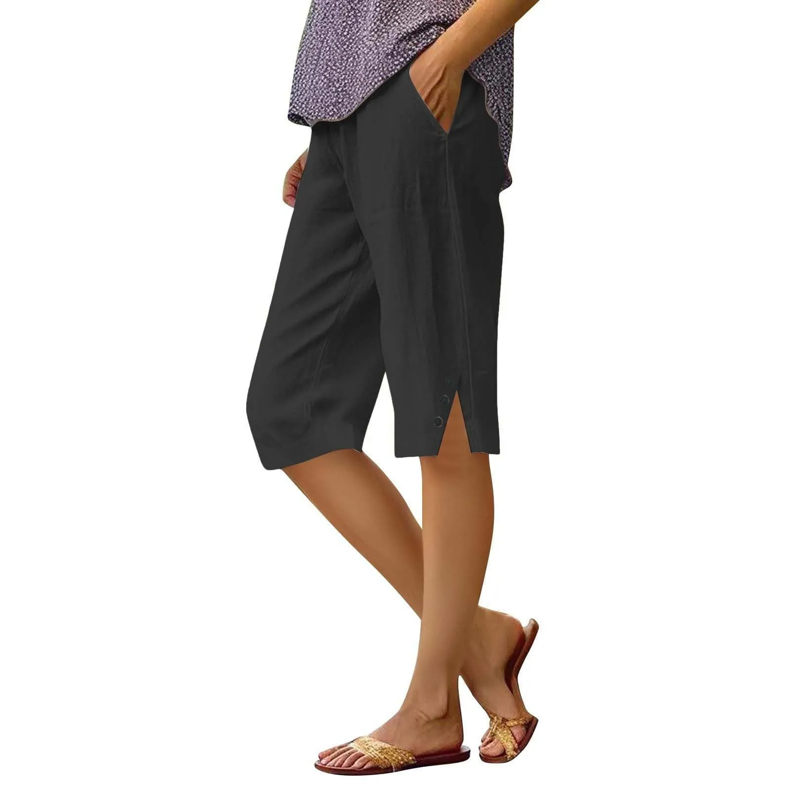 HEONSATI Pantaloni 7/8 Donna in Cotone e Lino, Capri Cropped Gamba Dritta con Coulisse Regolabile - immagine 1