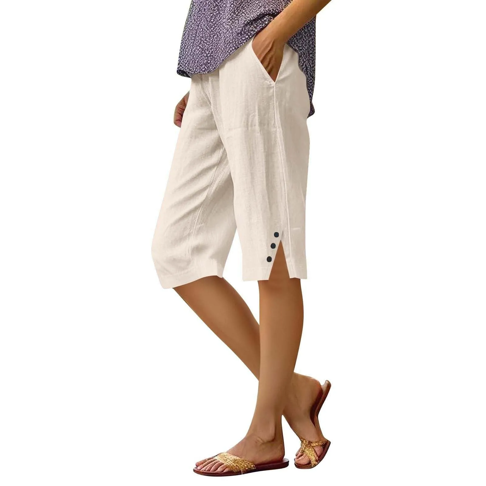 HEONSATI Pantaloni 7/8 Donna in Cotone e Lino, Capri Cropped Gamba Dritta con Coulisse Regolabile - immagine 1