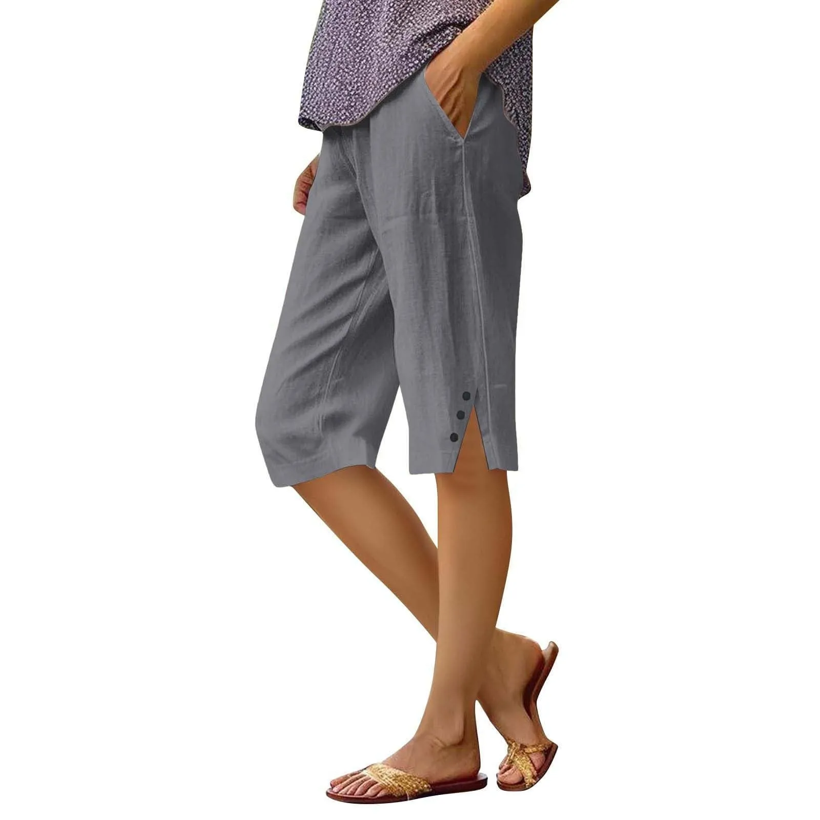 HEONSATI Pantaloni 7/8 Donna Eleganti Casual in Cotone e Lino Capri Cropped Gamba Dritta con Coulisse Regolabile - immagine 1