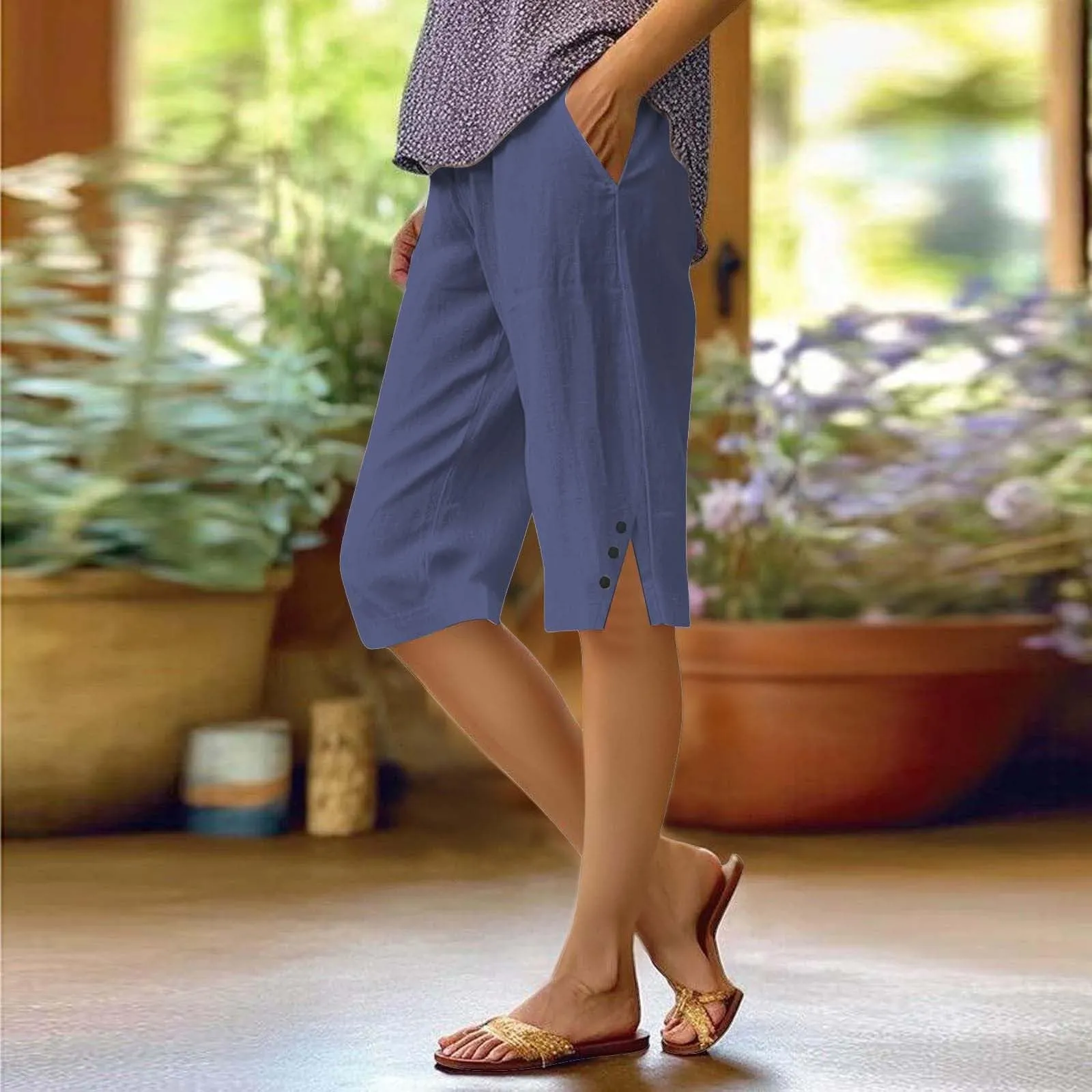 HEONSATI Pantaloni 7/8 Donna in Cotone e Lino, Capri Cropped Gamba Dritta con Coulisse Regolabile - immagine 2